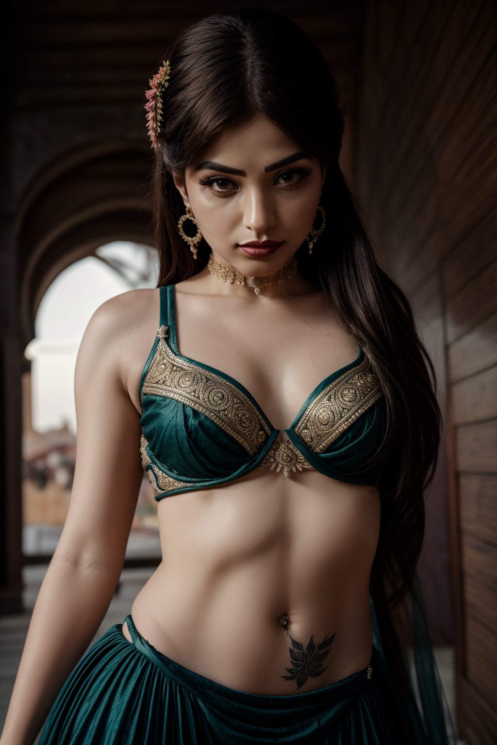 1girl, accessories, piercing , lip piercing , misterious, masterpiece, best quality, dynamic angle, cinematic composition, lehenga,  tattoo 