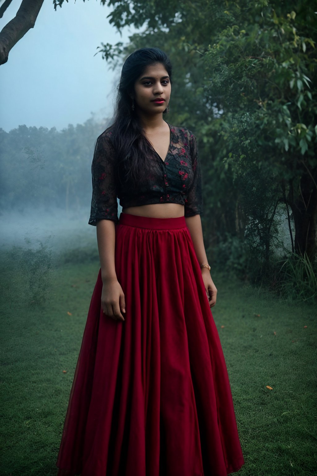 In dark night, In this stunning 8K photo, long skirt, gown, long designer blouse, a serene foggy garden sets the stage for a mesmerizing portrait of a 20-year-old Indian women. Beautiful face, attractive Big eye, Her flawless complexion glows softly under the misty atmosphere's subtle lighting, highlighting her striking features: large eyes and proper breasts. The lush green grass and vibrant red roses surrounding her create a picturesque backdrop, accentuating her natural beauty. Red, ultra realistic photography, She poses elegantly in a gorgeous long-pavada skirt in soft,