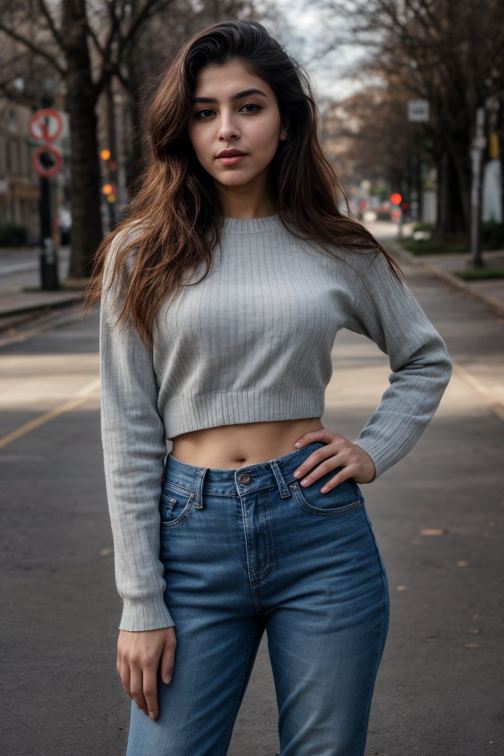 1girl, solo, long hair, looking at viewer, brown hair, shirt, long sleeves, navel, brown eyes, upper body, midriff, striped, pants, blurry, sweater, lips, blurry background, denim, hands on hips, striped shirt, realistic