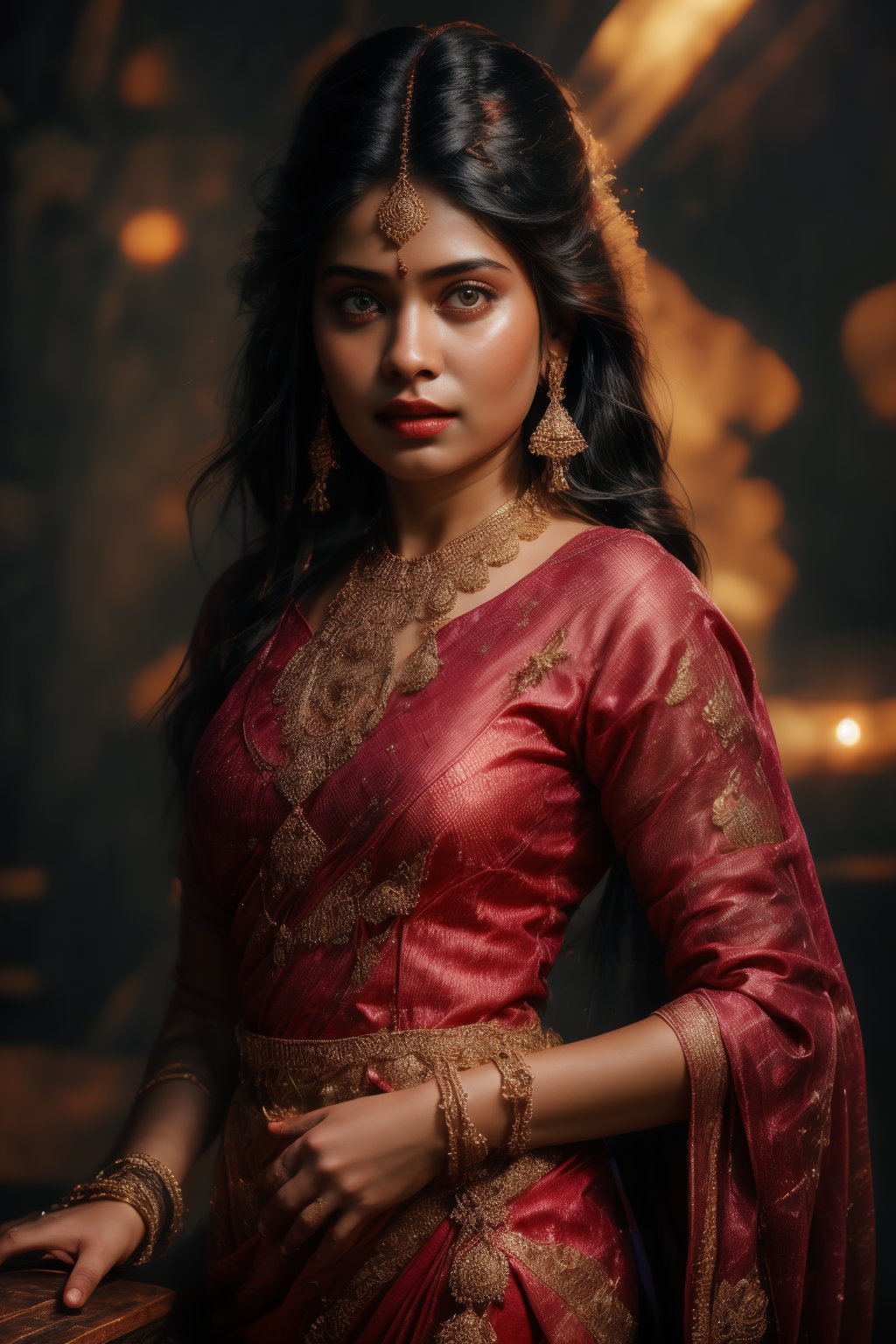 A beautiful Indian 26yo  girl wearing a traditional saree, draped in a style that reveals navel. Turtle neck blouse:2, The saree is richly colored and adorned with intricate patterns and embroidery, with a matching blouse (choli) that has short sleeves and a deep neckline. The pallu of the saree is gracefully  over her shoulder cover with blouse, , falling softly to one side, while her navel is tastefully visible where the saree is wrapped around her waist. She is adorned with traditional jewelry, including a maang tikka, jhumka earrings, a nose ring, bangles, and anklets. Her skin has a warm tone, and her long, dark hair is styled either in a loose braid or cascading waves. The setting is softly lit, focusing on her elegant pose and the cultural richness of her attire, with warm, natural lighting that enhances the details of the fabric and her jewelry.

cinematic angle, (cinematic shadows, bokeh, depth of field:1.3) , (High detail RAW Photo), (extremely detailed skin, photorealistic, heavy shadow, dramatic and cinematic lighting, key light, fill light), sharp focus, cinematic, imperfect skin, fabrics, textures, detailed face, detailed skin, detailed fingers, NaturalHand2-3500, analog film photo Deep photo,depth of field,ferrania p30 film,shadows, perfect face and body, dimly lit, nervous, harsh camera flash, faded film, desaturated, 35mm photo, grainy, Kodachrome, Lomography, stained, highly detailed, found footage,, (black hair, covered cleavage, 
A flapper girl stands poised in a smokey atmosphere, bathed in ethereal light that accentuates her stunning features. Her fair skin glows under cinematic lighting, as she gazes directly into the camera with perfect eyes and a beautiful nose. Her Drill Spring-inspired hairstyle is perfectly coiffed, framing her face, background intricate details and complex patterns that seem to leap off the screen in hyper-maximalist fashion.  with detailed decoration and lines that exude opulence. In stunning HDR and UHD, this unreal engine creation pops with gorgeous light and shadow., matrix,poakl, 5 fingers on each hands,better_hands