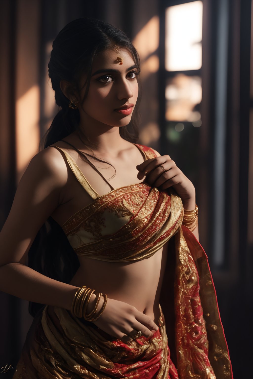 A beautiful Indian woman wearing a traditional saree, draped in a style that reveals her midriff and navel. The saree is richly colored and adorned with intricate patterns and embroidery, with a matching blouse (choli) that has short sleeves and a deep neckline. The pallu of the saree is gracefully draped over her shoulder, falling softly to one side, while her navel is tastefully visible where the saree is wrapped around her waist. She is adorned with traditional jewelry, including a maang tikka, jhumka earrings, a nose ring, bangles, and anklets. Her skin has a warm tone, and her long, dark hair is styled either in a loose braid or cascading waves. The setting is softly lit, focusing on her elegant pose and the cultural richness of her attire, with warm, natural lighting that enhances the details of the fabric and her jewelry.

cinematic angle, (cinematic shadows, bokeh, depth of field:1.3) , (High detail RAW Photo), (extremely detailed skin, photorealistic, heavy shadow, dramatic and cinematic lighting, key light, fill light), sharp focus, cinematic, imperfect skin, fabrics, textures, detailed face, detailed skin, detailed fingers, NaturalHand2-3500, analog film photo Deep photo,depth of field,ferrania p30 film,shadows, perfect face and body, dimly lit, nervous, harsh camera flash, faded film, desaturated, 35mm photo, grainy, Kodachrome, Lomography, stained, highly detailed, found footage,, (black hair,
A flapper girl stands poised in a smokey atmosphere, bathed in ethereal light that accentuates her stunning features. Her fair skin glows under cinematic lighting, as she gazes directly into the camera with perfect eyes and a beautiful nose. Her Drill Spring-inspired hairstyle is perfectly coiffed, framing her face, background intricate details and complex patterns that seem to leap off the screen in hyper-maximalist fashion.  with detailed decoration and lines that exude opulence. In stunning HDR and UHD, this unreal engine creation pops with gorgeous light and shadow., matrix 