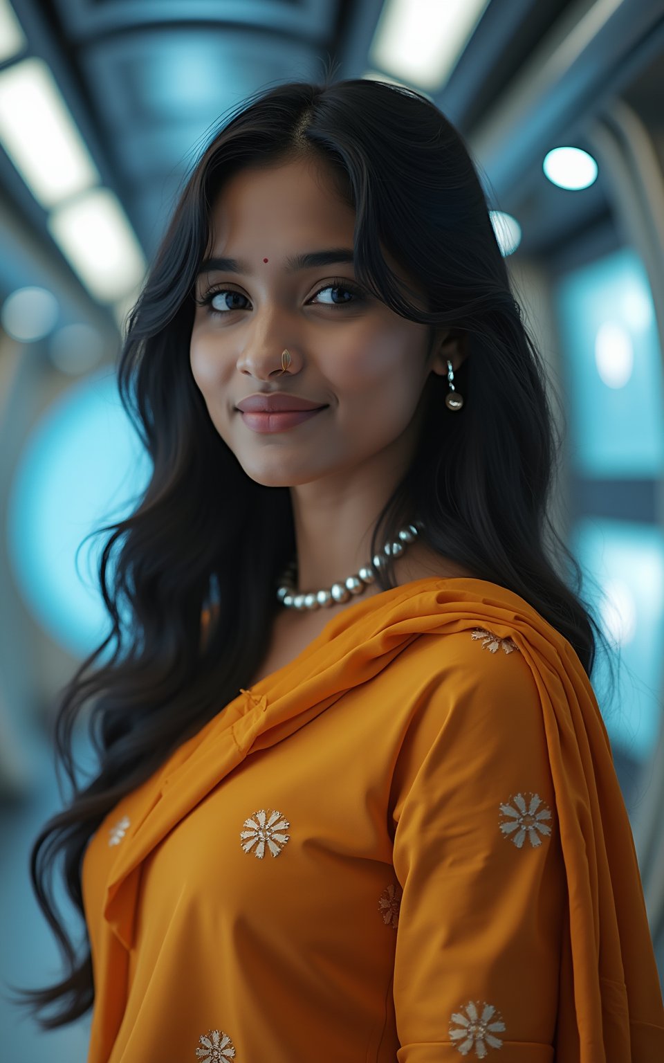 A stunning, realistic photography of a 15-year-old Malayali (Mallu) girl, radiating youthful beauty. She is dressed in traditional Indian attire, featuring a Kerala pattupavada—a beautiful, flowing Kerala gown—and a matching blouse. A delicately draped shawl (sholl) adds an elegant touch to her outfit, highlighting her cultural heritage.

The background contrasts with her traditional look, set inside a futuristic spacecraft with a Mars Effect game theme. The environment is filled with advanced technology, with holographic displays, sleek metallic surfaces, and soft neon lighting that creates an otherworldly ambiance. The lighting subtly illuminates her face, enhancing her natural beauty and creating a blend of old-world charm and futuristic aesthetics.

The overall composition focuses on her serene and graceful presence, emphasizing her traditional attire against the backdrop of a high-tech, space-age setting. This creates a captivating fusion of culture and science fiction, making the image both visually striking and unique.
