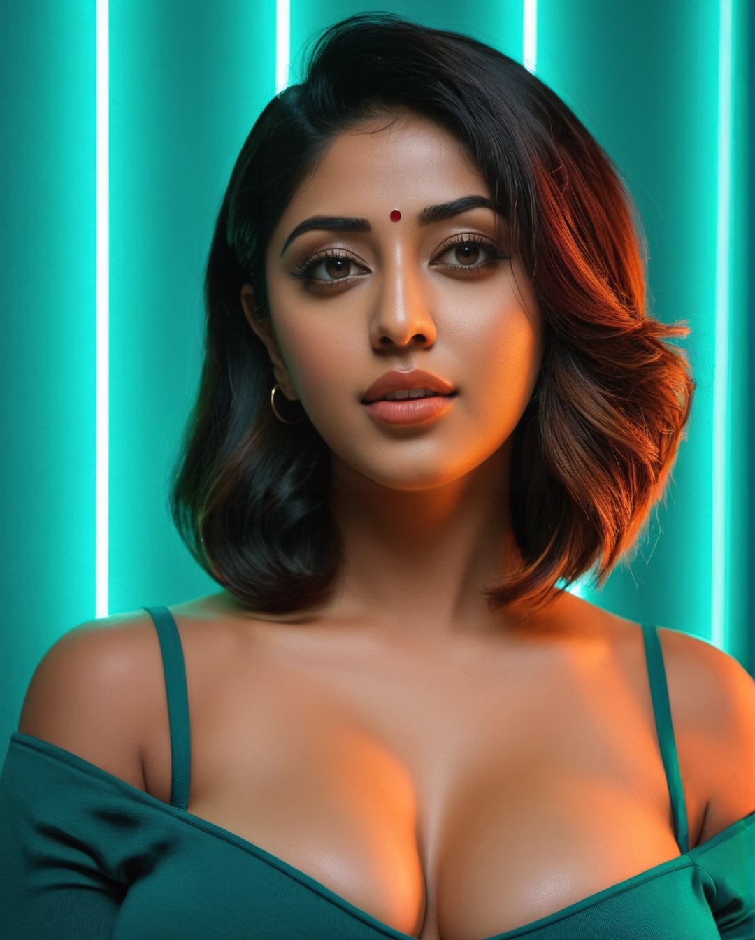 (Anu Emmanuel:1.1), symmetrical face, 
 breast_to_breast,  ((big boobs:2)) neon photography style, clavege,  ( full size:2) LED  colour light, teal and orange colour grading, female focus, one girl looking at viewer, , short hair,bob cut, solo, night time, outdoors, dark,depth_of_field,neon light, ,detailmaster2,make_3d