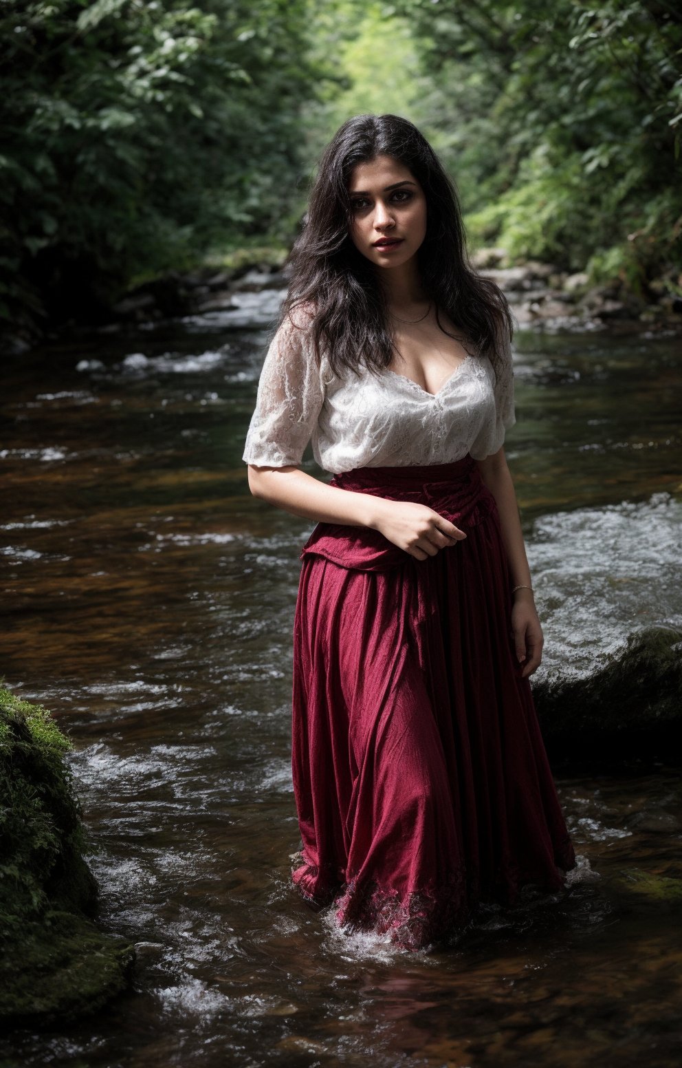 A tranquil aquatic scene depicts a half-body shot of a woman standing waist-deep in a crystal-clear stream, surrounded by weathered rocks and lush foliage. She wears a vibrant red blouse adorned with intricate gold embroidery and a flowing white skirt that billows in the gentle current. The soft focus and warm lighting evoke a sense of serenity, as if she's communing with nature.