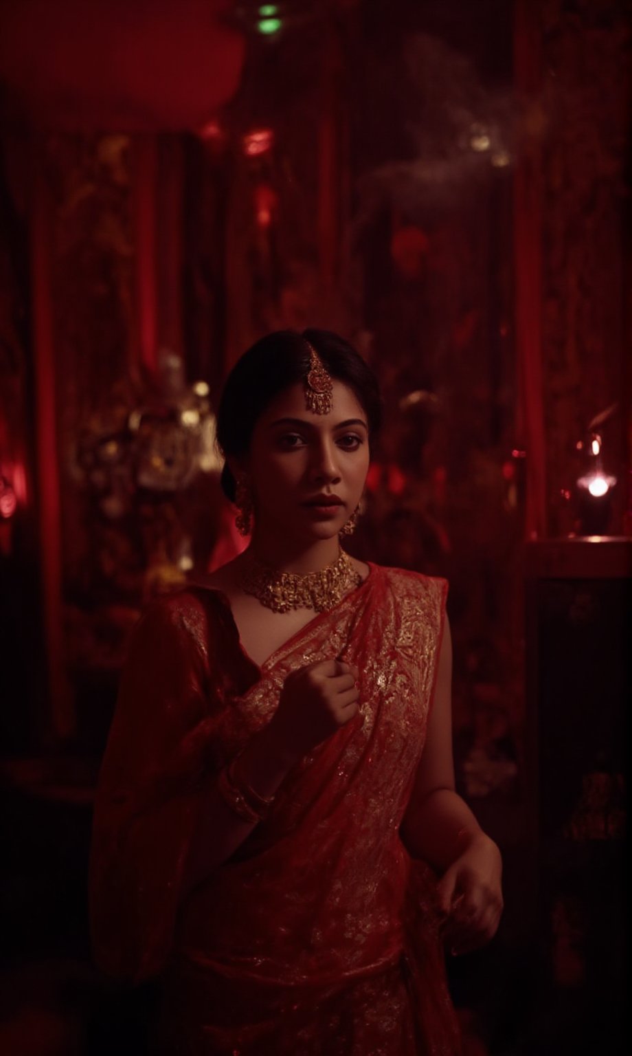 In a dimly lit, smoke-filled room, Madonna Sebastian poses majestically against a lavish, crimson-hued backdrop adorned with gleaming gold accents and subtle neon highlights. Her stunning red lehenga shimmers with intricate embroidery, paired with opulent gold jewelry that catches the eye. The cinematic lighting casts a warm, moody glow, evoking the essence of the iconic Matrix franchise. Madonna Sebastian exudes confidence and glamour, her regal presence commanding attention in this striking, neo-noir inspired setting.