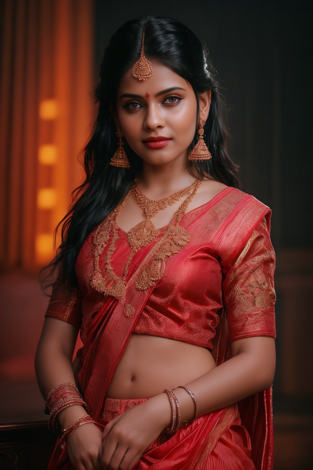 A beautiful Indian 26yo  girl wearing a traditional saree, draped in a style that reveals navel. Turtle neck blouse:2, The saree is richly colored and adorned with intricate patterns and embroidery, with a matching blouse (choli) that has short sleeves and a deep neckline. The pallu of the saree is gracefully  over her shoulder cover with blouse, , falling softly to one side, while her navel is tastefully visible where the saree is wrapped around her waist. She is adorned with traditional jewelry, including a maang tikka, jhumka earrings, a nose ring, bangles, and anklets. Her skin has a warm tone, and her long, dark hair is styled either in a loose braid or cascading waves. The setting is softly lit, focusing on her elegant pose and the cultural richness of her attire, with warm, natural lighting that enhances the details of the fabric and her jewelry.

cinematic angle, (cinematic shadows, bokeh, depth of field:1.3) , (High detail RAW Photo), (extremely detailed skin, photorealistic, heavy shadow, dramatic and cinematic lighting, key light, fill light), sharp focus, cinematic, imperfect skin, fabrics, textures, detailed face, detailed skin, detailed fingers, NaturalHand2-3500, analog film photo Deep photo,depth of field,ferrania p30 film,shadows, perfect face and body, dimly lit, nervous, harsh camera flash, faded film, desaturated, 35mm photo, grainy, Kodachrome, Lomography, stained, highly detailed, found footage,, (black hair, covered cleavage, 
A flapper girl stands poised in a smokey atmosphere, bathed in ethereal light that accentuates her stunning features. Her fair skin glows under cinematic lighting, as she gazes directly into the camera with perfect eyes and a beautiful nose. Her Drill Spring-inspired hairstyle is perfectly coiffed, framing her face, background intricate details and complex patterns that seem to leap off the screen in hyper-maximalist fashion.  with detailed decoration and lines that exude opulence. In stunning HDR and UHD, this unreal engine creation pops with gorgeous light and shadow., matrix,poakl, 5 fingers on each hands,better_hands