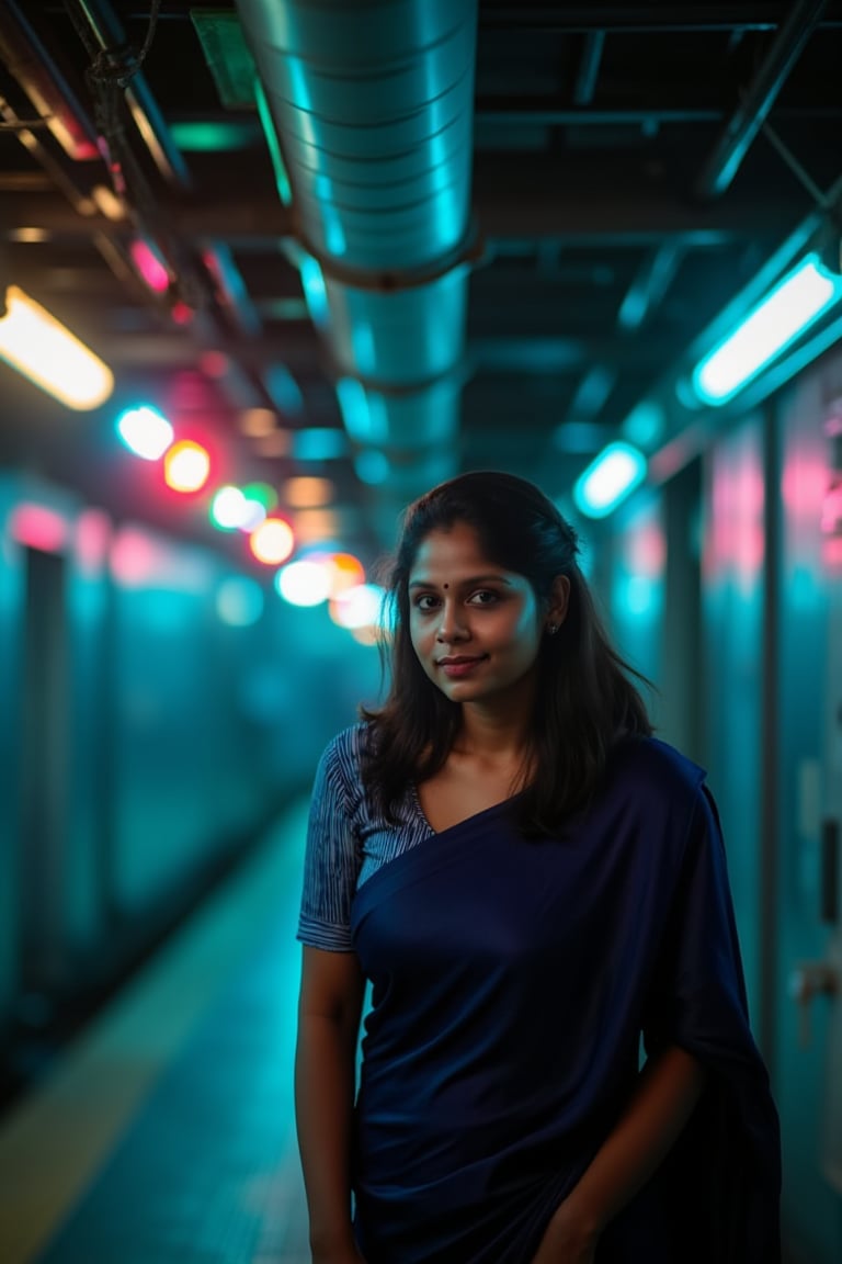 A beautiful mallu women, teal and orange colour lighting in background, futuristic subway, pipeline , wires, light indicators, intricate background, realism,realistic,raw,analog,portrait,photorealistic, taken by Canon EOS,SIGMA Art Lens 35mm F1.4,ISO 200 Shutter Speed 2000,Vivid picture,Mallu beauty, The atmosphere is fun and inviting, featuring colors like black, blue, dark blue, dark purple, gray, light green, purple, and orange. Neon lights in pink, blue, and green illuminate the space, creating a bokeh and Depth of Fieldeffect. The focus is on the girl from the torso to the head, captured in a cinematic style with a Sony A7R IV full-frame camera,Mallu beauty,futuristicportrait,Mallu beauty 