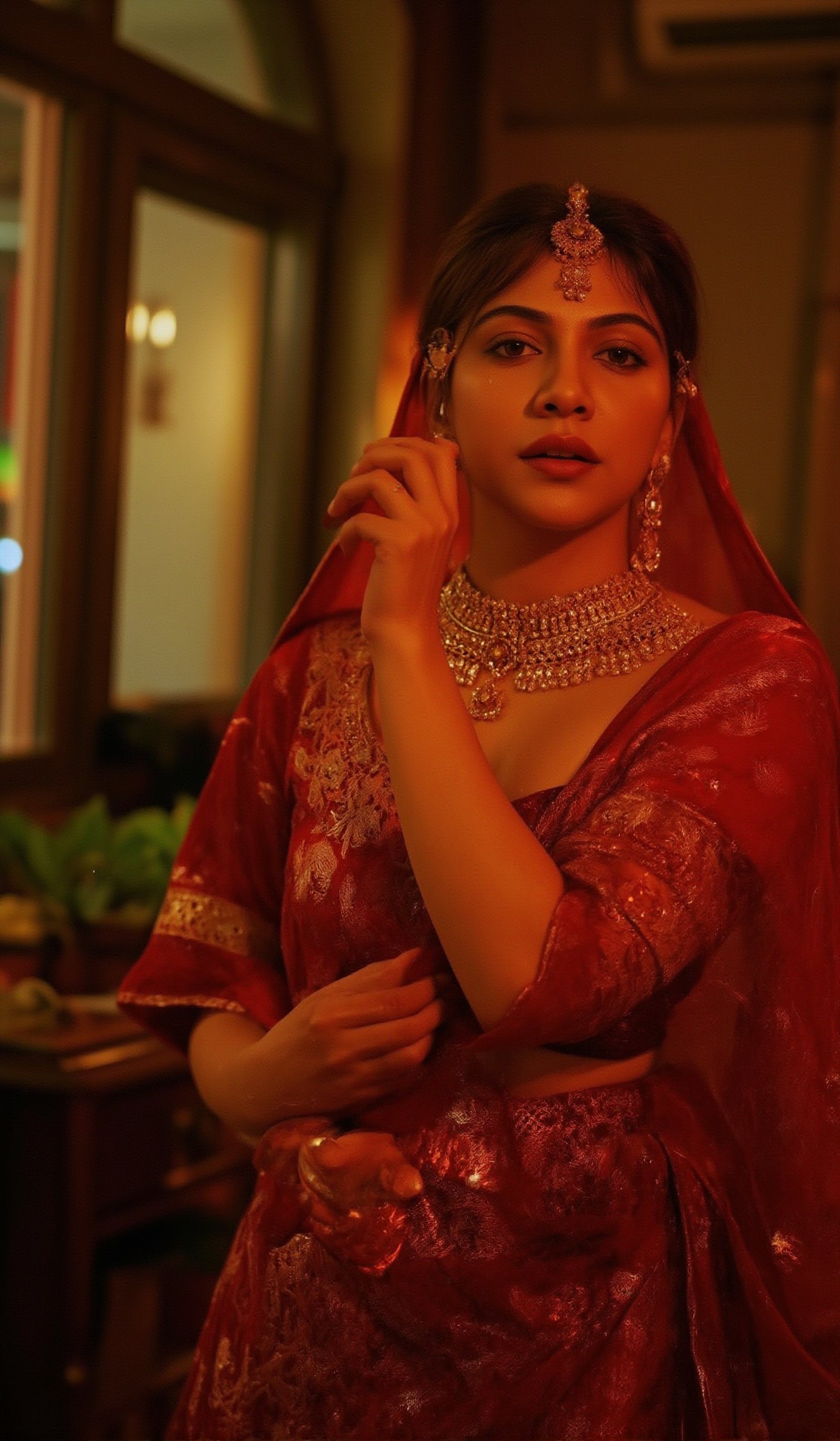 Cool cinematic lighting, matrix movie theam,A stunning Madona Sebastian, dressed in a rich red lehenga with intricate embroidery, paired with heavy gold jewelry and a resting on her hip and the other holding a delicate gold earring. The soft lighting highlights her natural complexion, while her eyes are enhanced by smoky eyeliner and volumizing mascara. She stands against a luxurious Bollywood-style backdrop, with subtle neon accents to emphasize her glamorous attire.,Madona Sebastian 