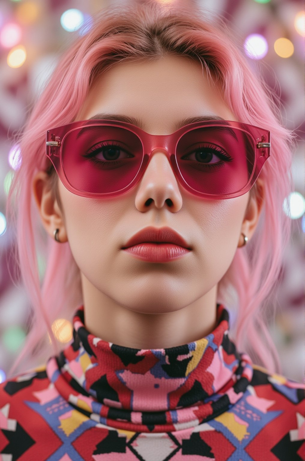 A vibrant, close-up portrait of a young woman with pink hair, wearing oversized, colorful sunglasses, and patterned turtleneck, abstract, textured background | pop art style, bold colors, detailed, highly stylized | photorealistic | studio lighting
,cinematic , film grain, Short telephoto focal length, shot on ALEXA 65