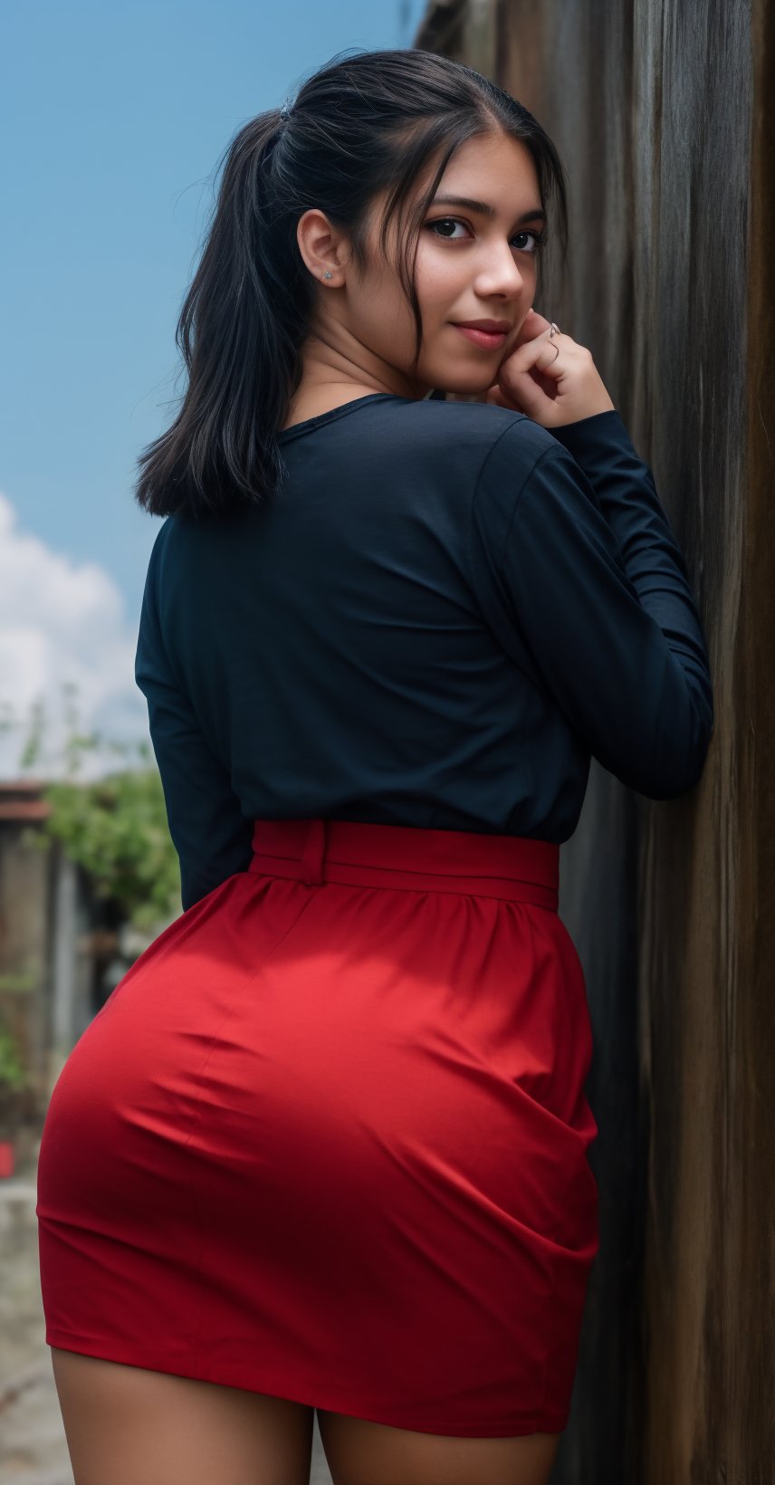 Captured from a high-angle perspective, a young woman stands with her back to the viewer. She is wearing a black long-sleeved shirt, a black skirt, and a ring on her finger. Her hair is pulled back in a ponytail, and she is wearing earrings in her ears. The backdrop is a rustic wooden wall, and the sky is a pale blue. The woman's expression is neutral, with a slight smile on her face.