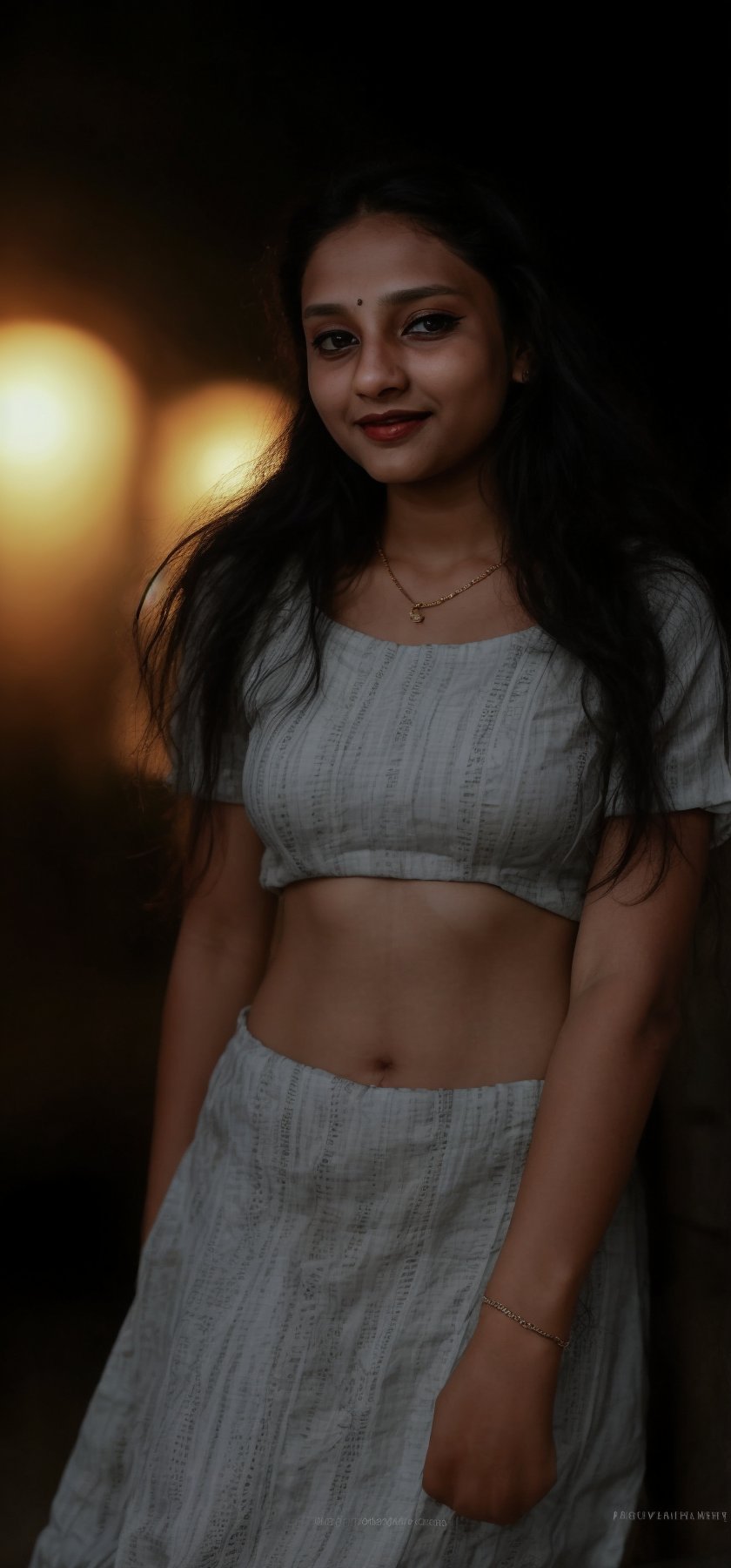 1girl, solo, long hair, looking at viewer, smile, black hair, dress, jewelry, standing, necklace, blurry, Red dress, bracelet, realistic, 25 years old, dark skin , dim light, drak atmosphere, low light , Midriff 