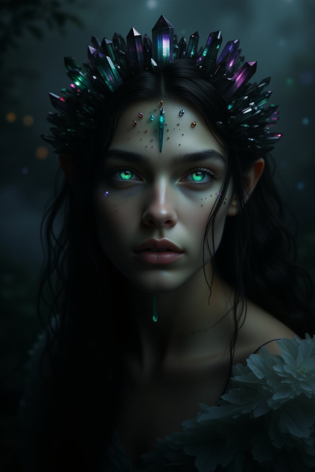 A dark and ethereal portrait of an elf in which her pale skin contrasts with the gloom that surrounds her. Her almond-shaped eyes, a deep and mysterious green, shine with an aura of ancient magic and hidden power. Her face is framed by strands of dark, almost black hair that fall in soft waves, highlighting its delicate but imposing beauty. He wears a crown of dark, sharp crystals that seem to grow directly from his skull, radiating a cold, spectral glow. The crystals glow with a dark light, reflecting flashes of deep blue, purple, and black, as if imbued with forbidden magic. Shadows cling to his figure, enhancing the atmosphere of mystery, while ancient marks and runes appear subtly on his skin, emitting a hidden energy. The background is composed of hazy shadows and diffuse shapes, as if the world is fading around them, focusing only on their imposing and disturbing presence. The atmosphere is haunting and mystical, with a sense of latent danger emanating from its powerful presence,crystalz