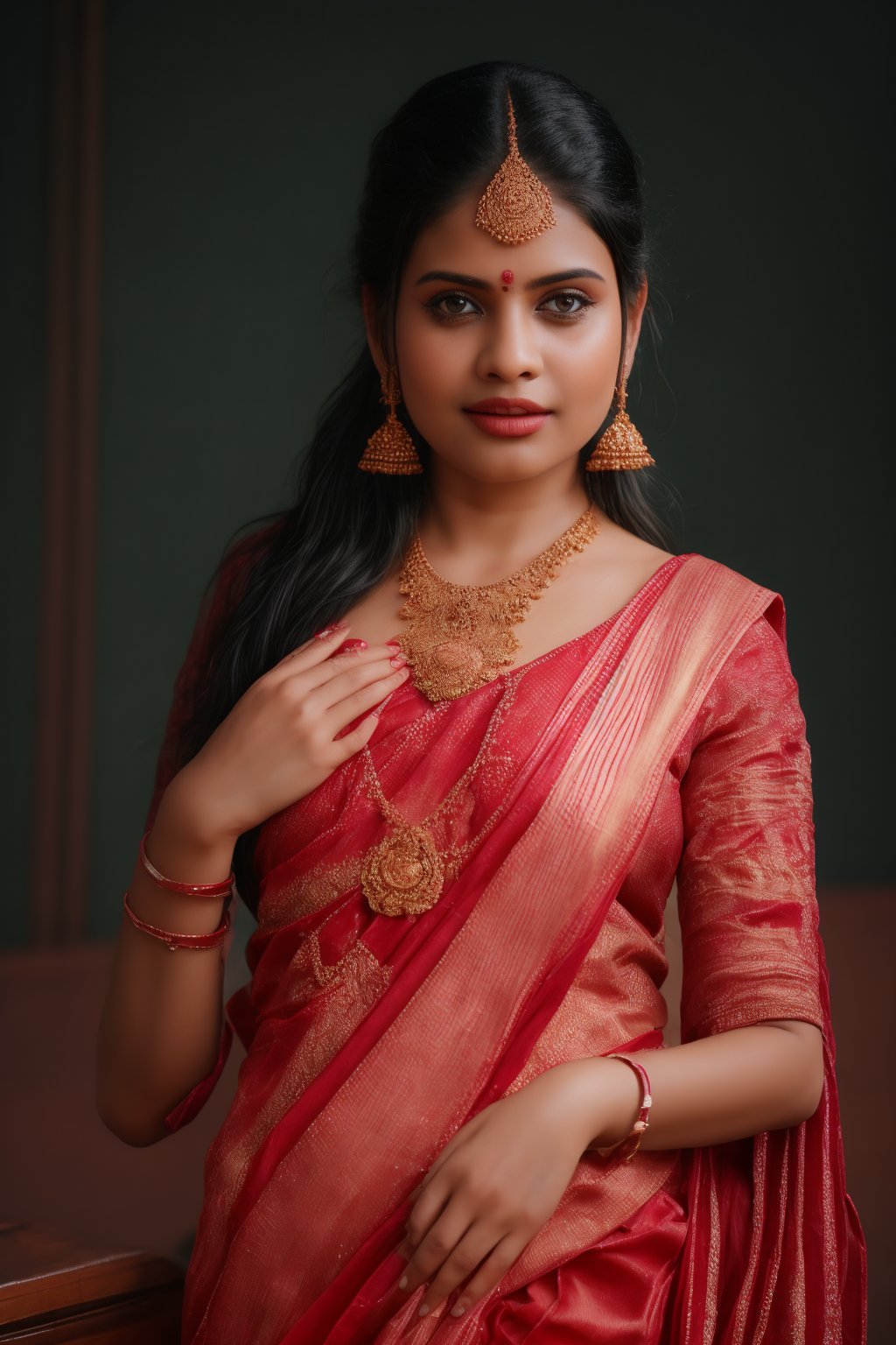 A beautiful Indian 30yo  plumb curvy women , wearing a traditional saree, draped in a style that reveals navel. Turtle neck blouse:2, The saree is richly colored and adorned with intricate patterns and embroidery, with a matching blouse (choli) that has short sleeves and a deep neckline. The pallu of the saree is gracefully  over her shoulder cover with blouse, , falling softly to one side, while her navel is tastefully visible where the saree is wrapped around her waist. She is adorned with traditional jewelry, including a maang tikka, jhumka earrings, a nose ring, bangles, and anklets. Her skin has a warm tone, and her long, dark hair is styled either in a loose braid or cascading waves. The setting is softly lit, focusing on her elegant pose and the cultural richness of her attire, with warm, natural lighting that enhances the details of the fabric and her jewelry.

cinematic angle, (cinematic shadows, bokeh, depth of field:1.3) , (High detail RAW Photo), (extremely detailed skin, photorealistic, heavy shadow, dramatic and cinematic lighting, key light, fill light), sharp focus, cinematic, imperfect skin, fabrics, textures, detailed face, detailed skin, detailed fingers, NaturalHand2-3500, analog film photo Deep photo,depth of field,ferrania p30 film,shadows, perfect face and body, dimly lit, nervous, harsh camera flash, faded film, desaturated, 35mm photo, grainy, Kodachrome, Lomography, stained, highly detailed, found footage,, (black hair, covered cleavage, 
A flapper girl stands poised in a smokey atmosphere, bathed in ethereal light that accentuates her stunning features. Her fair skin glows under cinematic lighting, as she gazes directly into the camera with perfect eyes and a beautiful nose. Her Drill Spring-inspired hairstyle is perfectly coiffed, framing her face, background intricate details and complex patterns that seem to leap off the screen in hyper-maximalist fashion.  with detailed decoration and lines that exude opulence. In stunning HDR and UHD, this unreal engine creation pops with gorgeous light and shadow., matrix,poakl, 5 fingers on each hands,better_hands