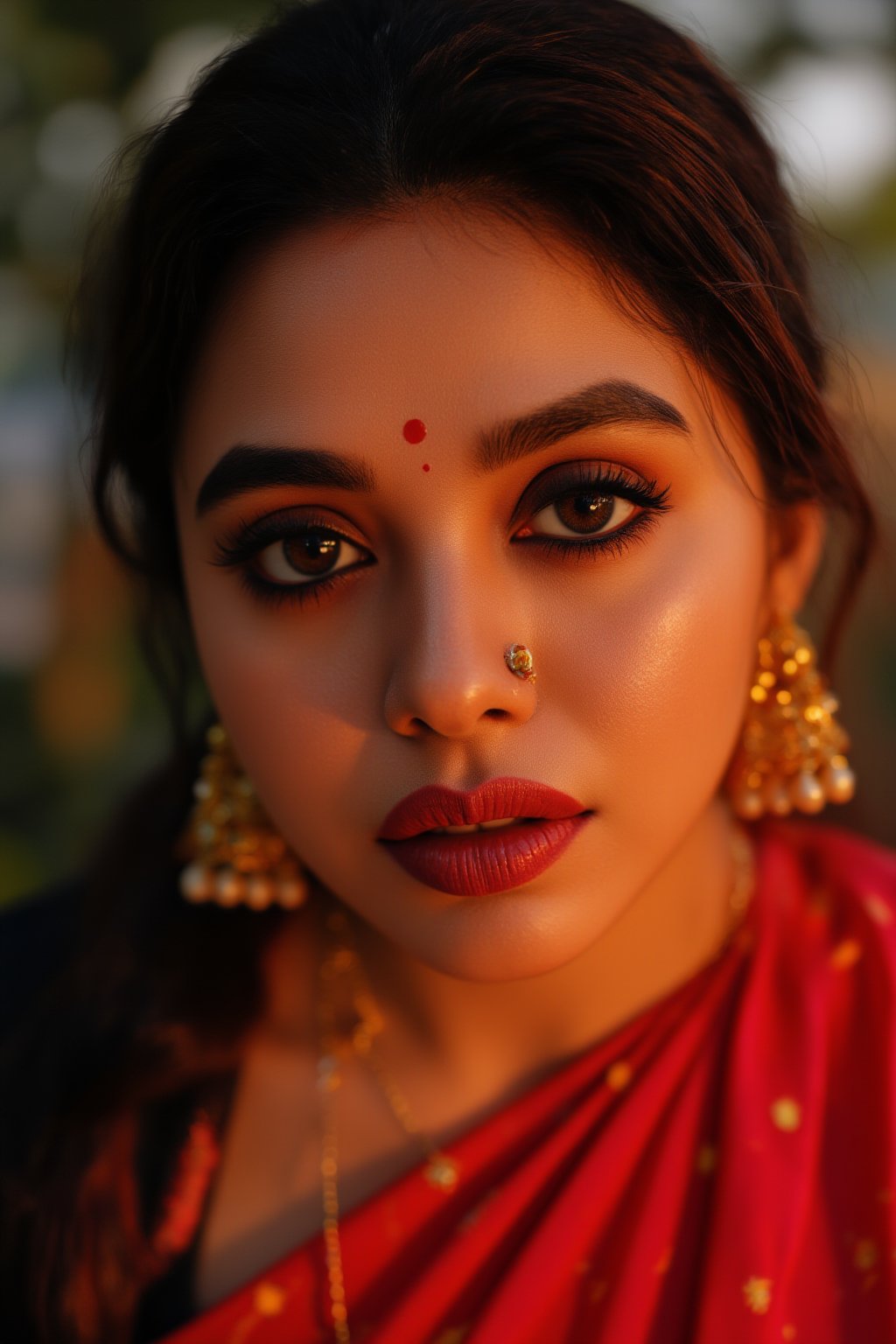 Raw photo of (18yo Kerala Beautiful young woman:1.1, (best quality, highres, ultra-detailed:1.2), This breathtaking photograph, shot on a Canon 1DX with a 50 mm f/2.8 lens, beautifully showcases the raw and authentic beauty of life. high resolution 8k image quality, vibrant colors, glowing dimond, glowing eyes, realistic Raw photo, realistic lighting, traditional Red saree,  exotic beauty, mesmerizing eyes, girl ,Thrissur,Mallu,Saree