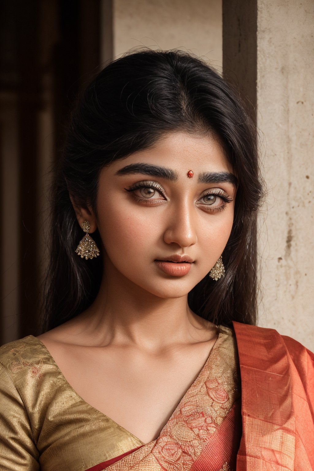 Raw photo of (25yo Kerala Beautiful young woman:1.1) (best quality, highres, ultra-detailed:1.2), vibrant colors, glowing dimond, glowing eyes, realistic Raw photo, realistic lighting, traditional Red saree,  exotic beauty, mesmerizing eyes, girl ,Thrissur,Mallu