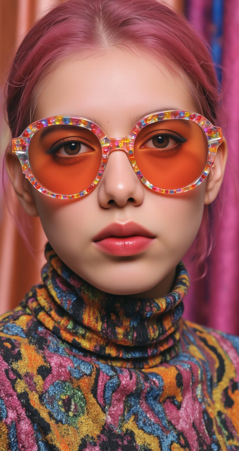 A vibrant, close-up portrait of a young woman with pink hair, wearing oversized, colorful sunglasses, and patterned turtleneck, abstract, textured background | pop art style, bold colors, detailed, highly stylized | photorealistic | studio lighting
,cinematic , film grain, Short telephoto focal length, shot on ALEXA 65