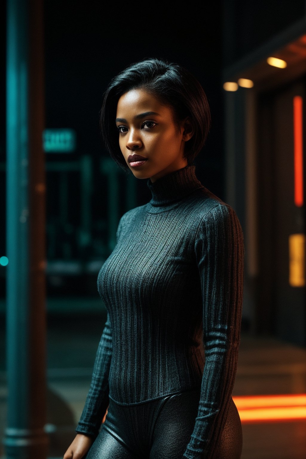 Dark skin woman in a city, matrix movie scene, matrix movie colour grading, stylish, cool background and warm foreground colour , teal background colour grading, orange foreground colour grading, 