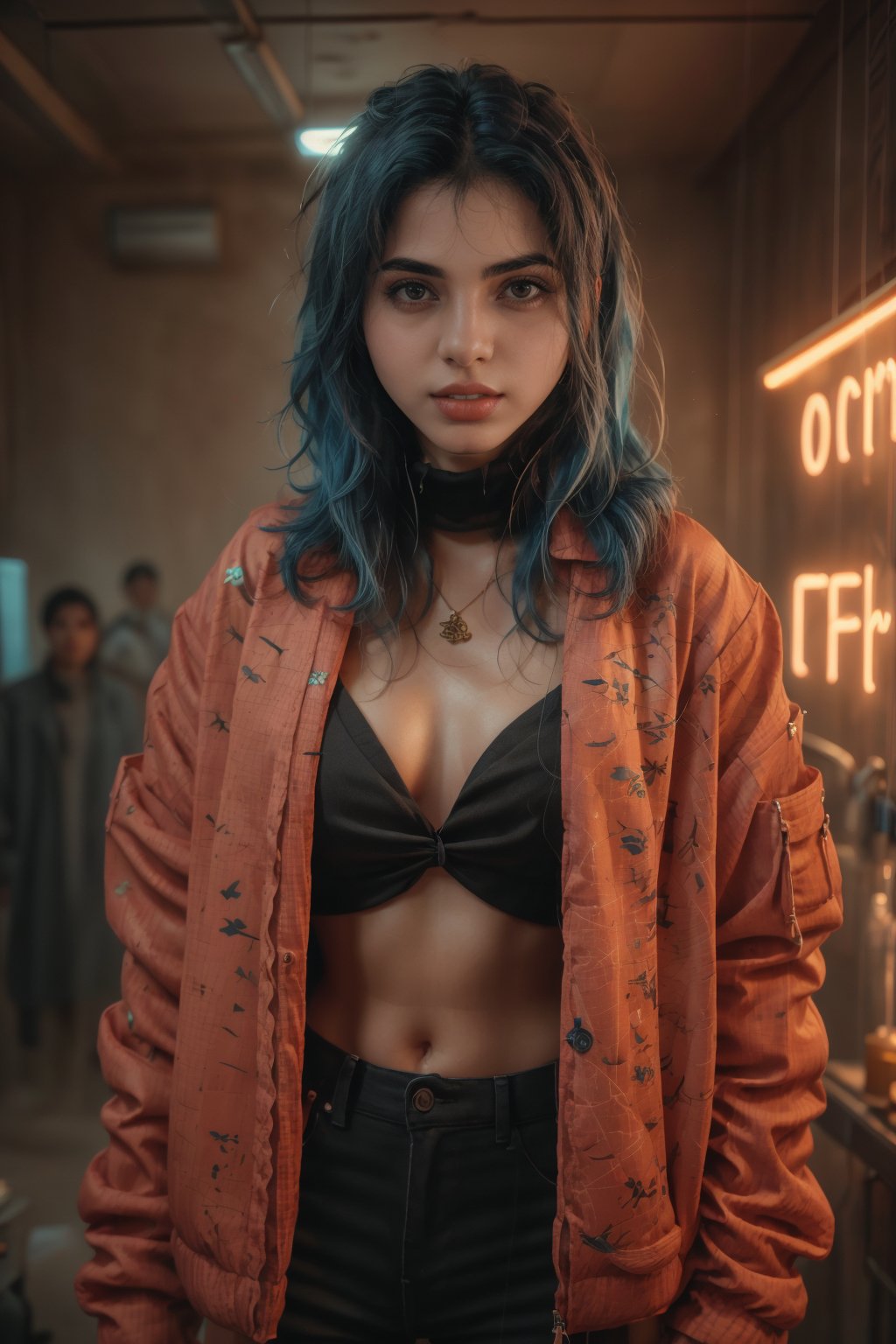 Here's a high-quality, coherent, and photorealistic , A 25-year-old woman with long, blue hair adorned with a hair ornament, stands solo in a futuristic room bathed in neon lights. She wears a designer blouse and jacket combo, paired with a turtle-neck sweater underneath. ,