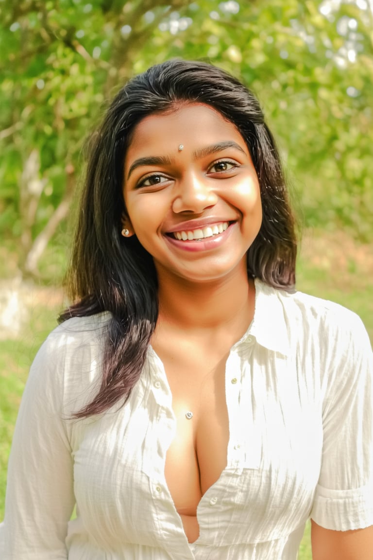 A stunning young woman with long, dark hair framing her heartwarming smile. Navel show, Her piercing black eyes sparkle as she gazes directly at the viewer, exuding a sense of confidence and joy. A small mole beneath her lips adds to her endearing features. She wears a casual shirt, relaxed in an outdoor setting where greenery surrounds her. The warm sunlight casts a gentle glow on her features, accentuating her radiant grin.