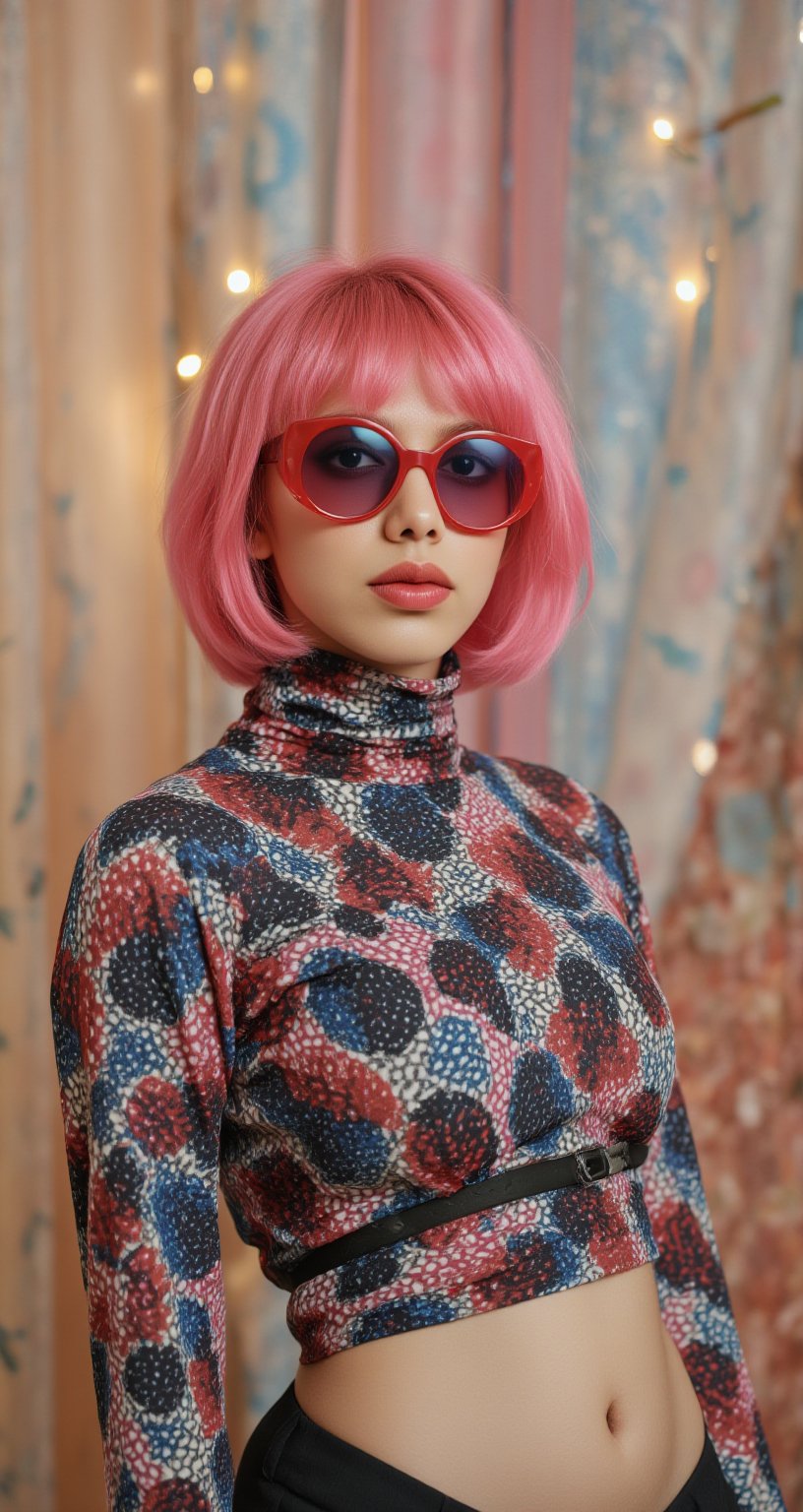 A vibrant, close-up portrait of a young woman with pink hair, wearing oversized, colorful sunglasses, and patterned turtleneck, abstract, midriff exposed, navel, textured background | pop art style, bold colors, detailed, highly stylized | photorealistic | studio lighting
,cinematic , film grain, Short telephoto focal length, shot on ALEXA 65