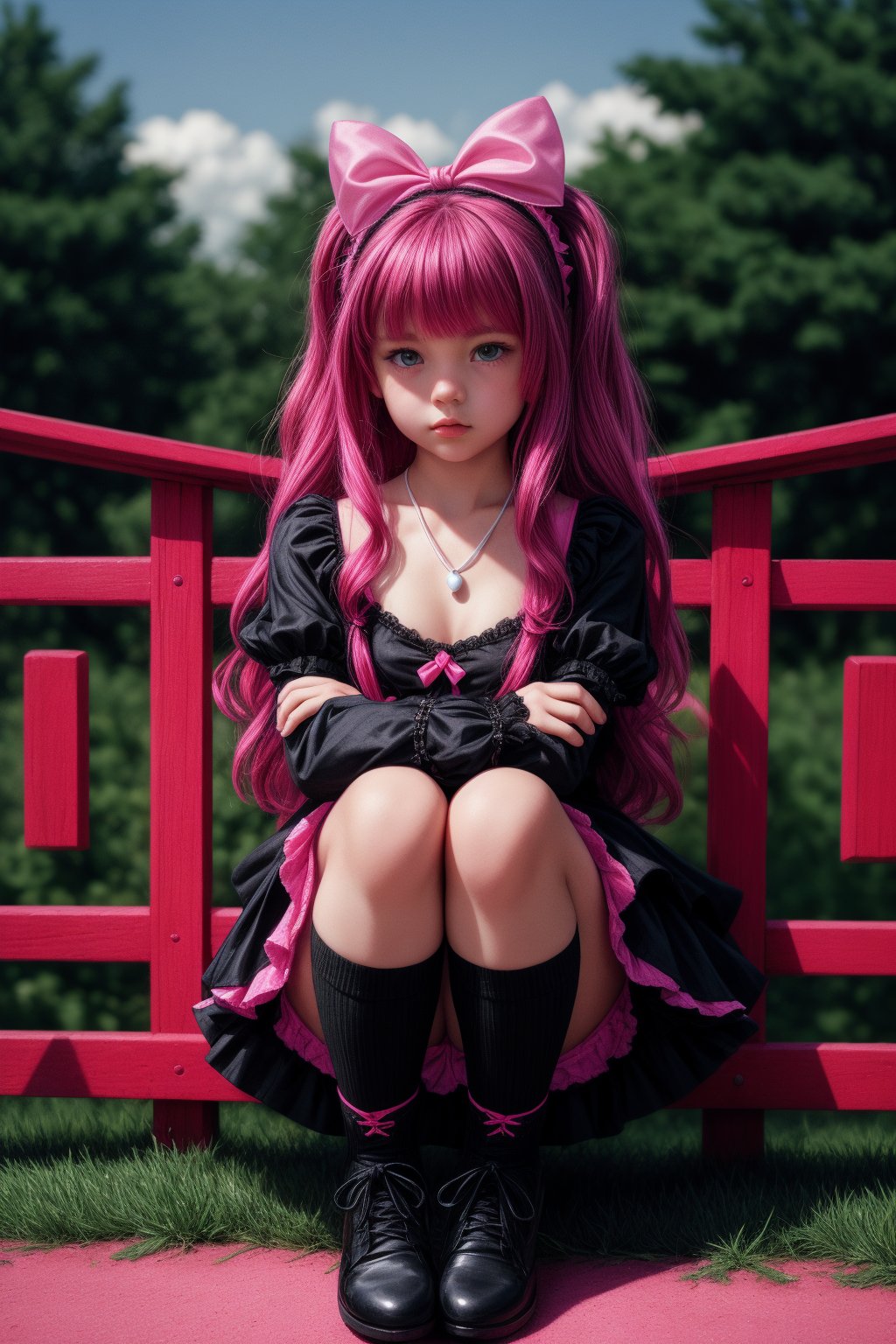 Captured from a low-angle perspective, a girl stands in front of a red fence. The girl is dressed in a black and pink outfit, adorned with a pink bow on her head. Her hair is a vibrant shade of pink, adding a pop of color to the scene. Her eyes are a piercing blue, and her lips are a darker shade of blue. Her hands are clasped in her hands. She is wearing a black necklace with a white pendant. Her socks are adorned with black laces that are tied in a bow at the bottom. The background is blurred, creating a vibrant contrast to the girl 