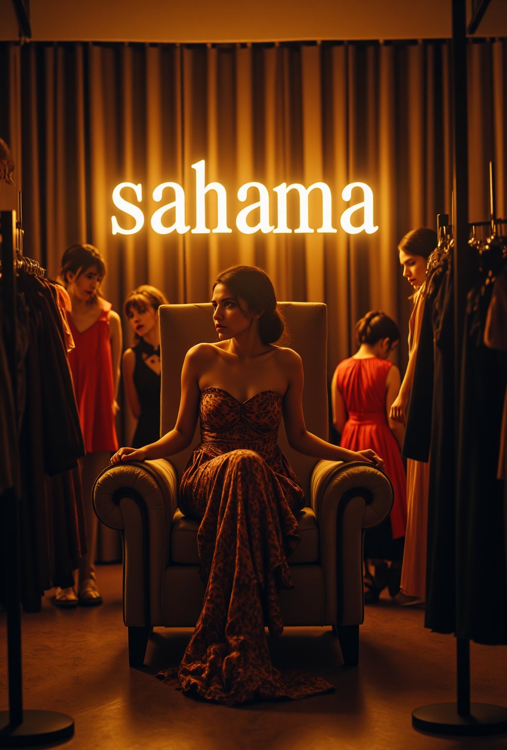 create me something beautiful, sexy, A beautiful woman, dressed in high fashion, sits on a throne in a luxurious boutique shop, surrounded by perfect cinematic lighting. Behind her, the shop's name "sahana" is displayed in oversized glowing letters, commanding attention. Girls in the background casually explore the dresses on display. The scene highlights both the elegance of the boutique and the glowing, bold shop name.,Enhanced all