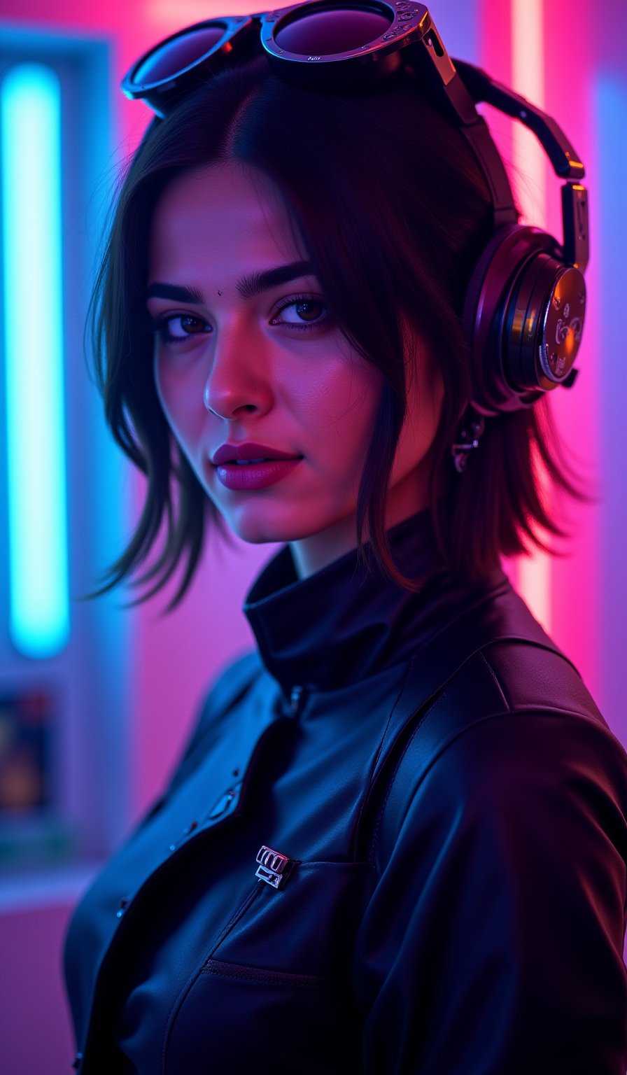 A cyberpunk women, realistic, details and enhanced image, beautiful,The atmosphere is fun and inviting, featuring colors like black, blue, dark blue, dark purple, gray, light green, purple, and orange. Neon lights in pink, blue, and green illuminate the space, creating a bokeh and Depth of Fieldeffect. The focus is on the girl from the torso to the head, captured in a cinematic style with a Sony A7R IV full-frame camera,AnushkaShettyFlux