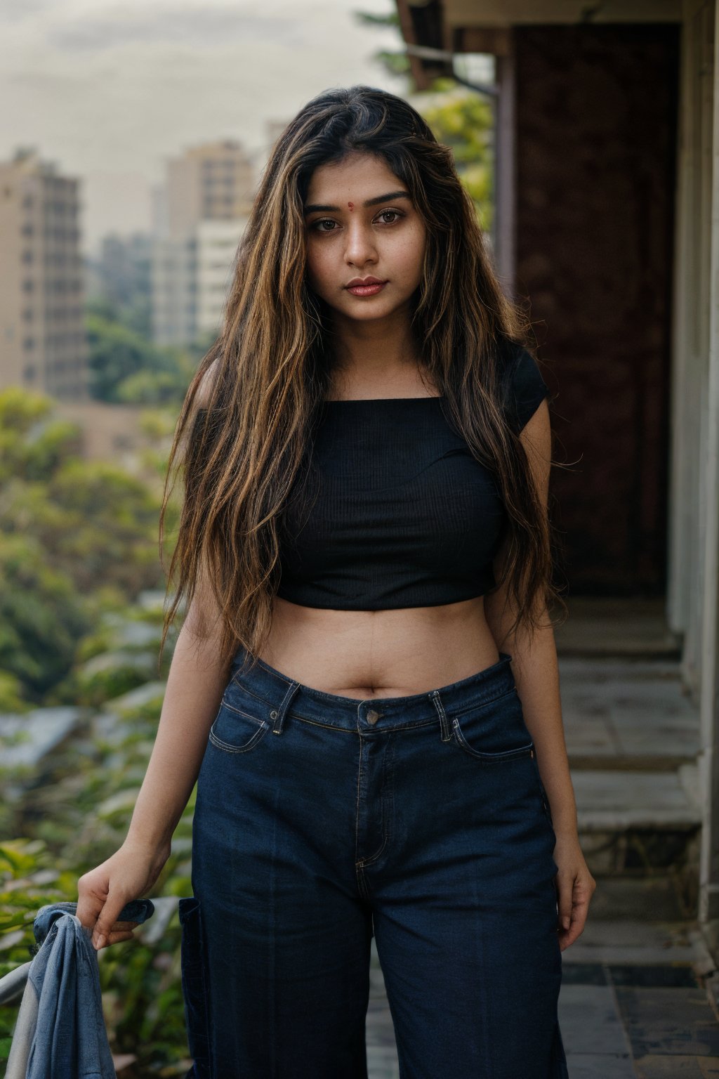 1girl, Kerala beautiful women 18 years old, solo, long hair, brown hair, shirt, t  shaped navel, outdoors, pants, sandals, denim, jeans,  photo background,Tamil girl,<lora:659111690174031528:1.0>