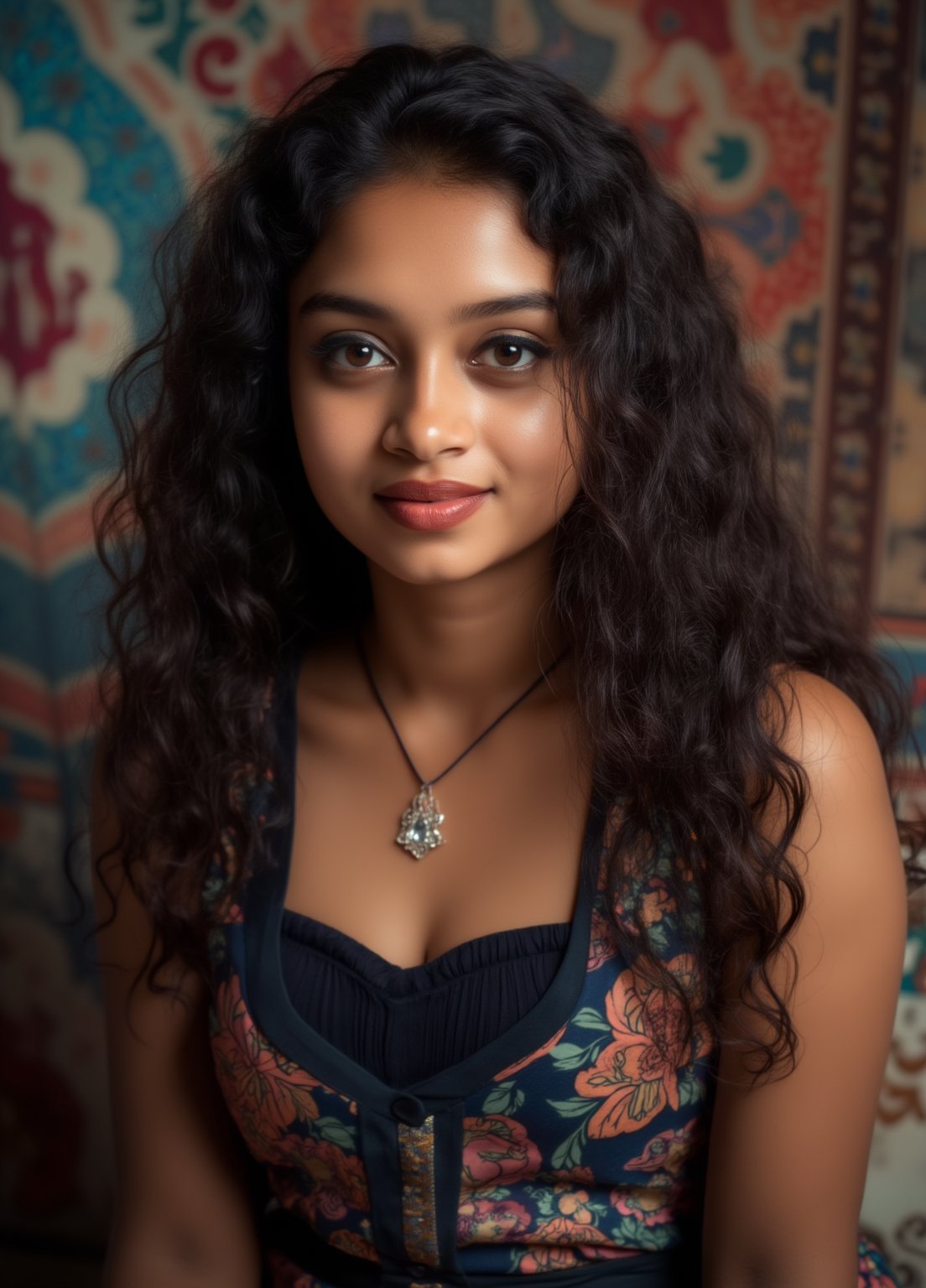 Capture a masterpiece of photography featuring a stunning girl with long, curly black hair (1.1) and intricate details in her school uniform, complete with a miniskirt and random colors. The scene is set in front of a striking fractal pattern (abstract) that creates a sense of depth and dimensionality. Professional HDR lighting (8k UHD RAW photo) casts a cinematic glow, accentuating the subject's features while also capturing the subtle play of iridescent lighting on her skin. Jewelry (1.4) adorns her neck, drawing attention to her radiant smile as she faces the viewer directly. The image is rendered in breathtaking detail, with every curl of hair and fold of fabric meticulously captured. Apply a realistic LUT for a true-to-life representation.,SH,Yakshi28 