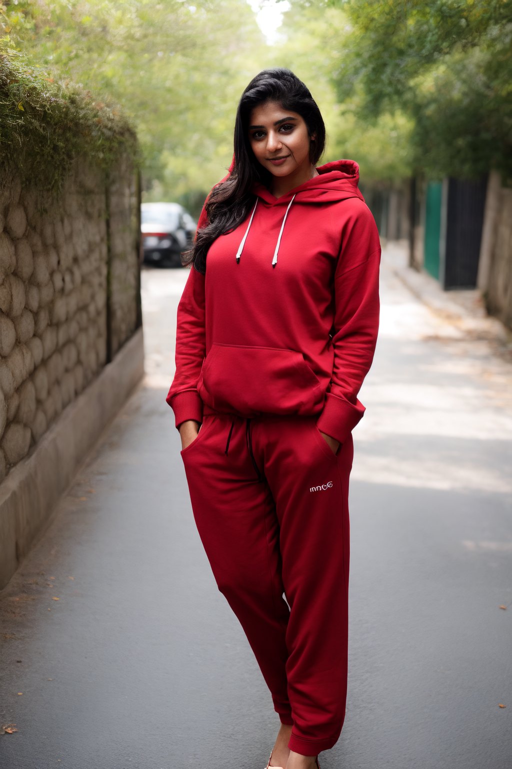 There a girl isma young hot beautiful hsdan girl Wearing red hoodie, hot looks face features like Kama Kaif, summer look Standing locking into the camera, portrait causal phets ResPurtrat