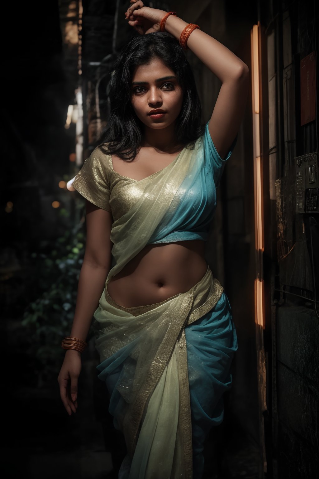 In a neon-drenched cyberpunk world, a stunning 20-year-old woman wears  saree fully covered, navel covered with transparent saree  glistening under Tron-like lights.  as vibrant Matrix-inspired hues of electric blue and fiery orange dance across her features.,Saree 