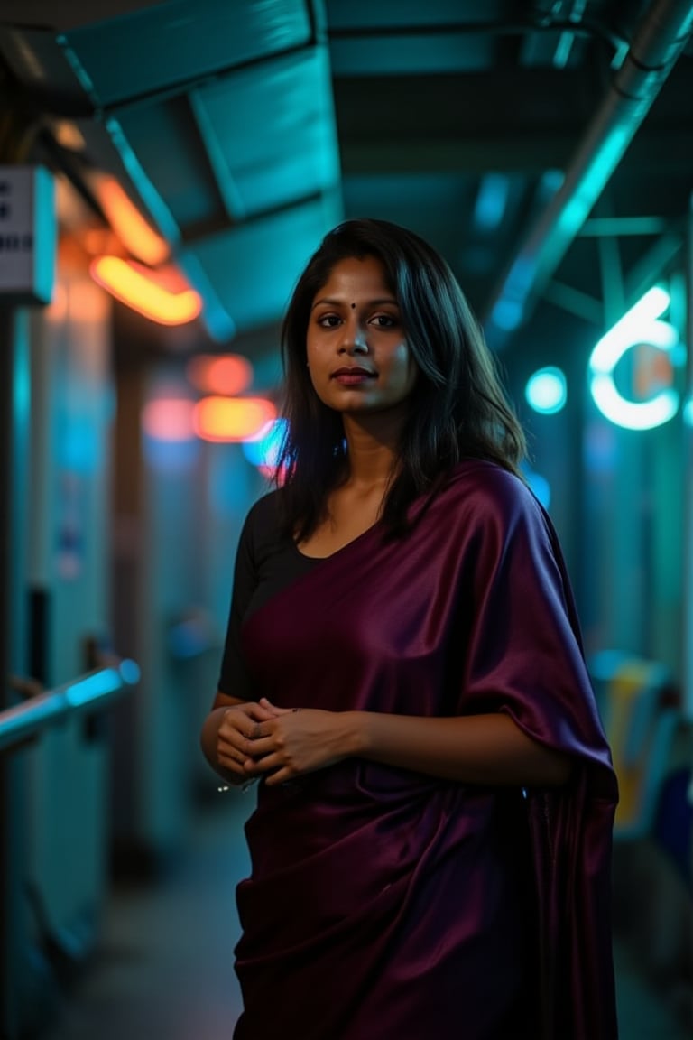 A beautiful mallu women, teal and orange colour lighting in background, futuristic subway, pipeline , wires, light indicators, intricate background, realism,realistic,raw,analog,portrait,photorealistic, taken by Canon EOS,SIGMA Art Lens 35mm F1.4,ISO 200 Shutter Speed 2000,Vivid picture,Mallu beauty, The atmosphere is fun and inviting, featuring colors like black, blue, dark blue, dark purple, gray, light green, purple, and orange. Neon lights in pink, blue, and green illuminate the space, creating a bokeh and Depth of Fieldeffect. The focus is on the girl from the torso to the head, captured in a cinematic style with a Sony A7R IV full-frame camera,Mallu beauty,futuristicportrait