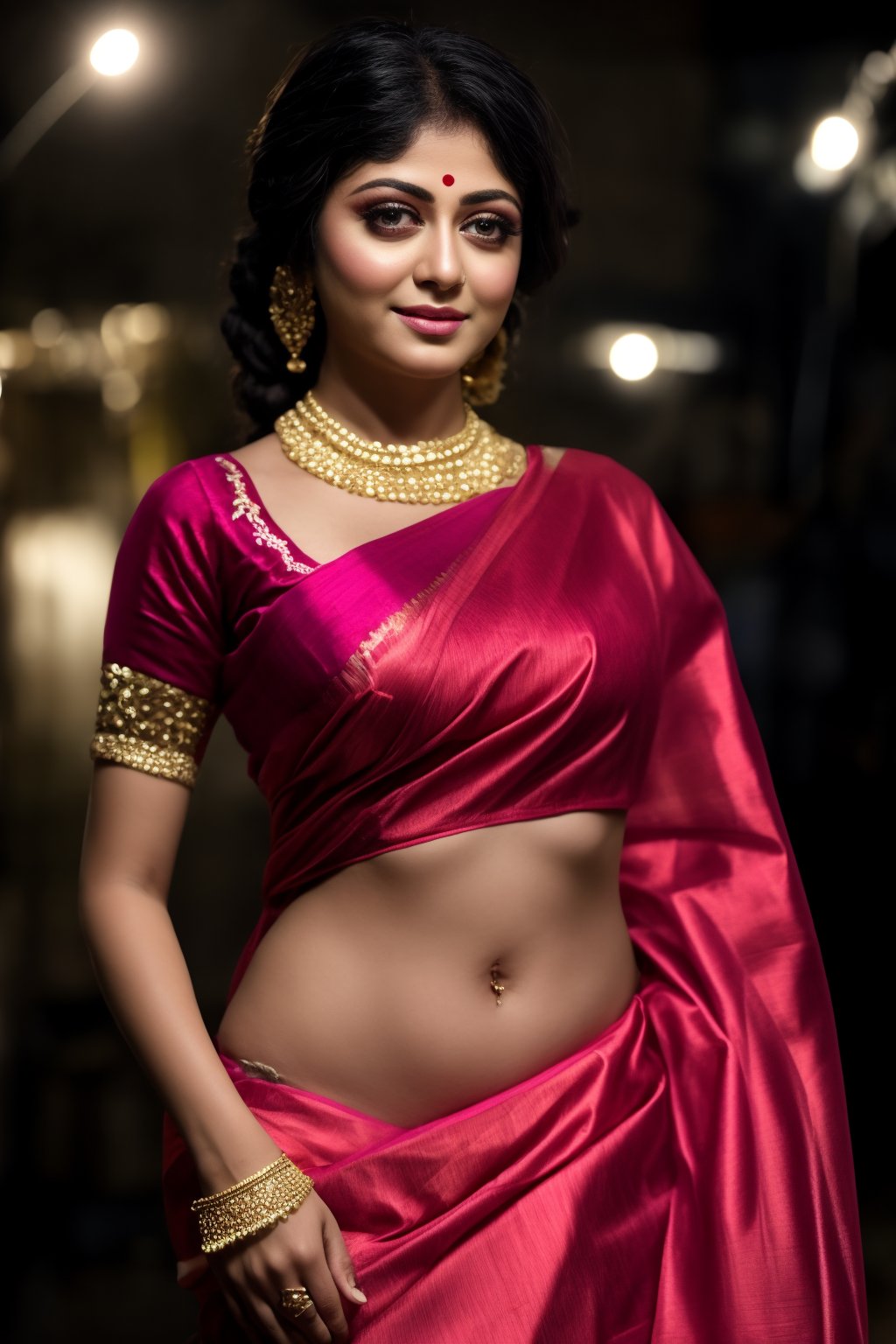 A beautiful Indian 32 woman wearing a traditional saree, draped in a style that reveals her midriff and t navel. Big breast, The saree is richly colored and adorned with intricate patterns and embroidery, with a matching blouse (choli) that has short sleeves and a deep neckline. The pallu of the saree is gracefully draped over her shoulder, falling softly to one side, while her navel is tastefully visible where the saree is wrapped around her waist. She is adorned with traditional jewelry, including a maang tikka, jhumka earrings, a nose ring, bangles, and anklets. Her skin has a warm tone, and her long, dark hair is styled either in a loose braid or cascading waves. The setting is softly lit, focusing on her elegant pose and the cultural richness of her attire, with warm, natural lighting that enhances the details of the fabric and her jewelry.

cinematic angle, (cinematic shadows, bokeh, depth of field:1.3) , (High detail RAW Photo), (extremely detailed skin, photorealistic, heavy shadow, dramatic and cinematic lighting, key light, fill light), sharp focus, cinematic, imperfect skin, fabrics, textures, detailed face, detailed skin, detailed fingers, NaturalHand2-3500, analog film photo Deep photo,depth of field,ferrania p30 film,shadows, perfect face and body, dimly lit, nervous, harsh camera flash, faded film, desaturated, 35mm photo, grainy, Kodachrome, Lomography, stained, highly detailed, found footage,, (black hair,
A flapper girl stands poised in a smokey atmosphere, bathed in ethereal light that accentuates her stunning features. Her fair skin glows under cinematic lighting, as she gazes directly into the camera with perfect eyes and a beautiful nose. Her Drill Spring-inspired hairstyle is perfectly coiffed, framing her face, background intricate details and complex patterns that seem to leap off the screen in hyper-maximalist fashion.  with detailed decoration and lines that exude opulence. In stunning HDR and UHD, this unreal engine creation pops with gorgeous light and shadow., matrix,poakl