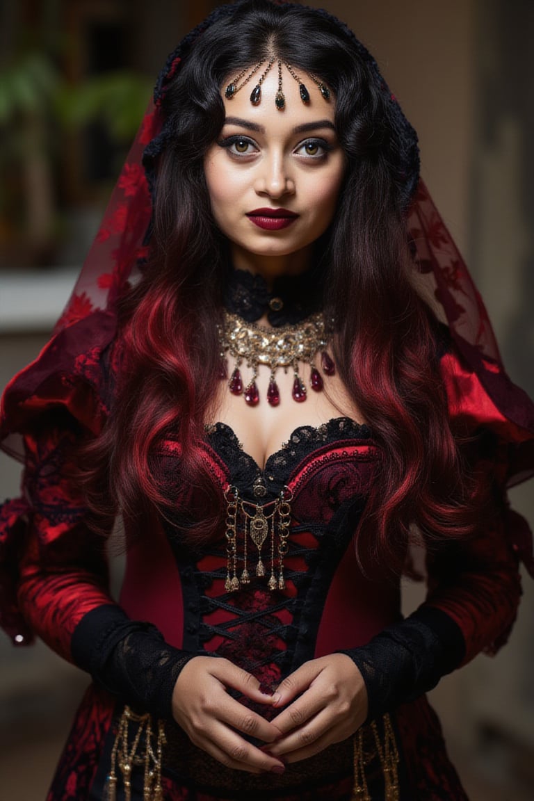 black and white, gothic princess, stunning, adorned in jewels, dark gothic make up, long black hair, tight red bodsuit, , ful body frontal, red hair, vibrant green eyes