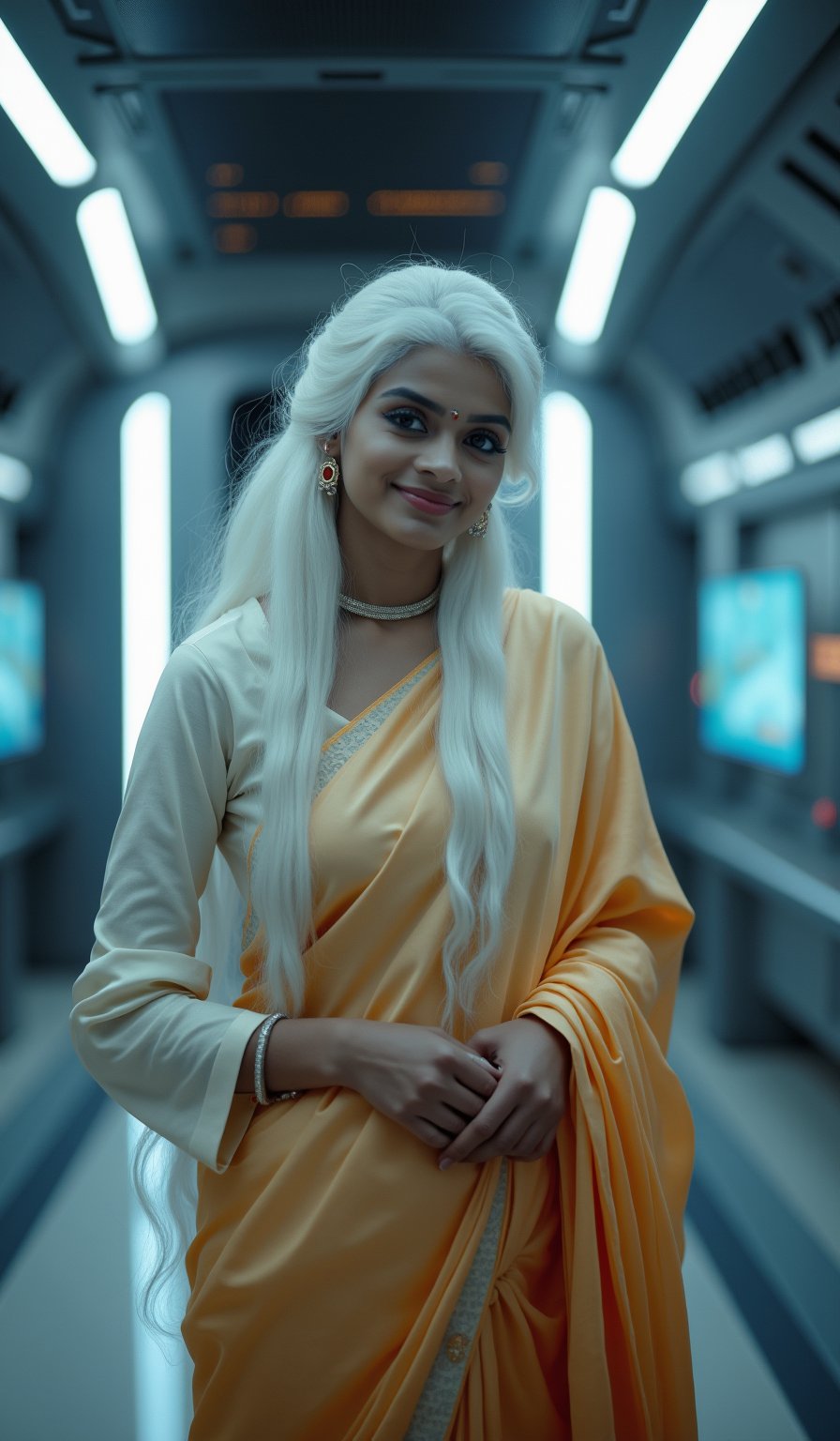 A stunning, realistic photography of a 25-year-old Malayali (Mallu) girl, white skin extreme white hair, radiating youthful beauty. She is dressed in traditional Indian attire, featuring a Kerala pattupavada—a beautiful, flowing Kerala gown—and a matching blouse. A delicately draped shawl (sholl) adds an elegant touch to her outfit, highlighting her cultural heritage.

The background contrasts with her traditional look, set inside a futuristic spacecraft with a Mars Effect game theme. The environment is filled with advanced technology, with holographic displays, sleek metallic surfaces, and soft neon lighting that creates an otherworldly ambiance. The lighting subtly illuminates her face, enhancing her natural beauty and creating a blend of old-world charm and futuristic aesthetics.

The overall composition focuses on her serene and graceful presence, emphasizing her traditional attire against the backdrop of a high-tech, space-age setting. This creates a captivating fusion of culture and science fiction, making the image both visually striking and unique.