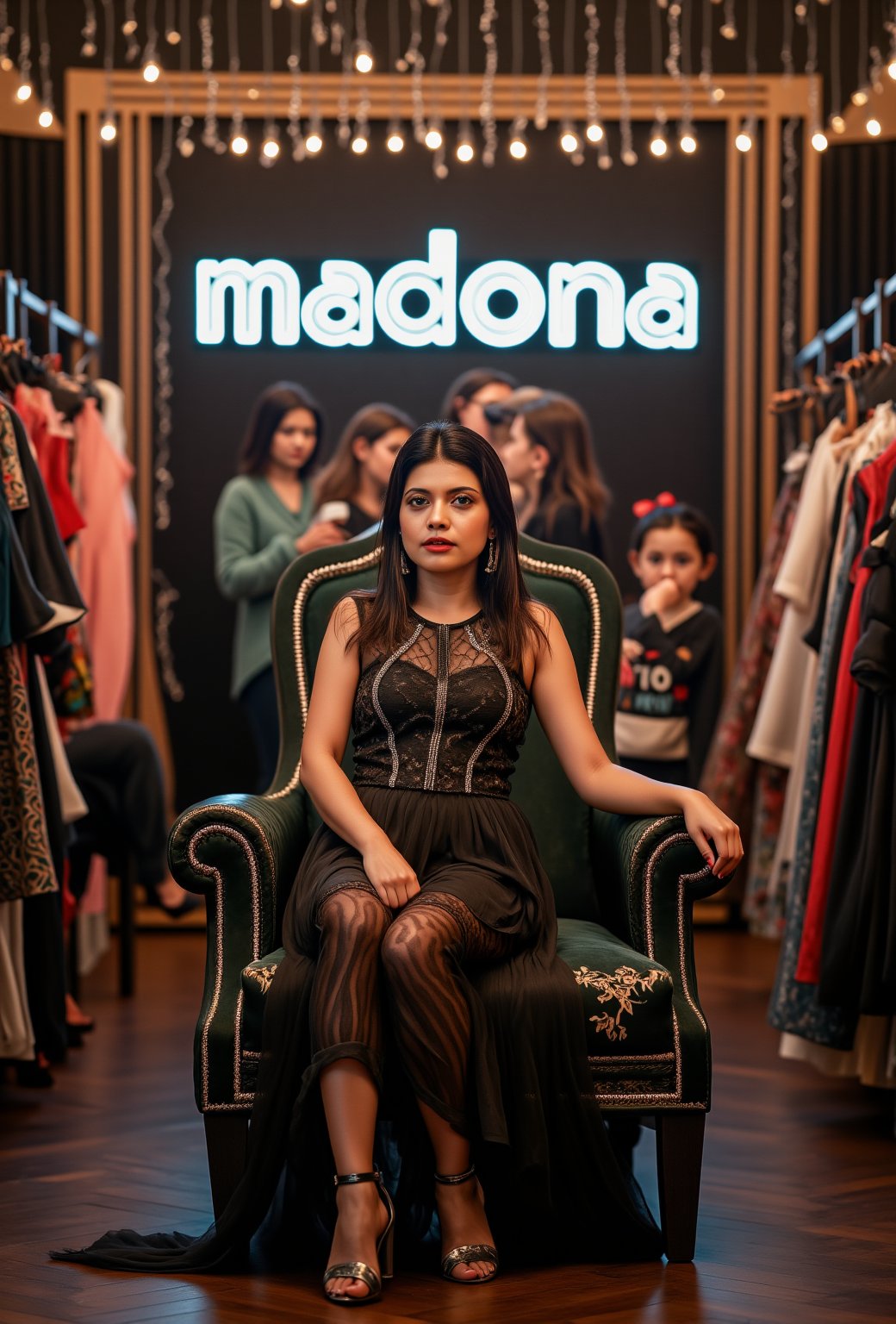 create me something beautiful, sexy, A beautiful woman, dressed in high fashion, sits on a throne in a luxurious boutique shop, surrounded by perfect cinematic lighting. Behind her, the shop's name "madona" is displayed in oversized glowing letters, commanding attention. Girls in the background casually explore the dresses on display. The scene highlights both the elegance of the boutique and the glowing, bold shop name.,Enhanced all,madona Sebastian 