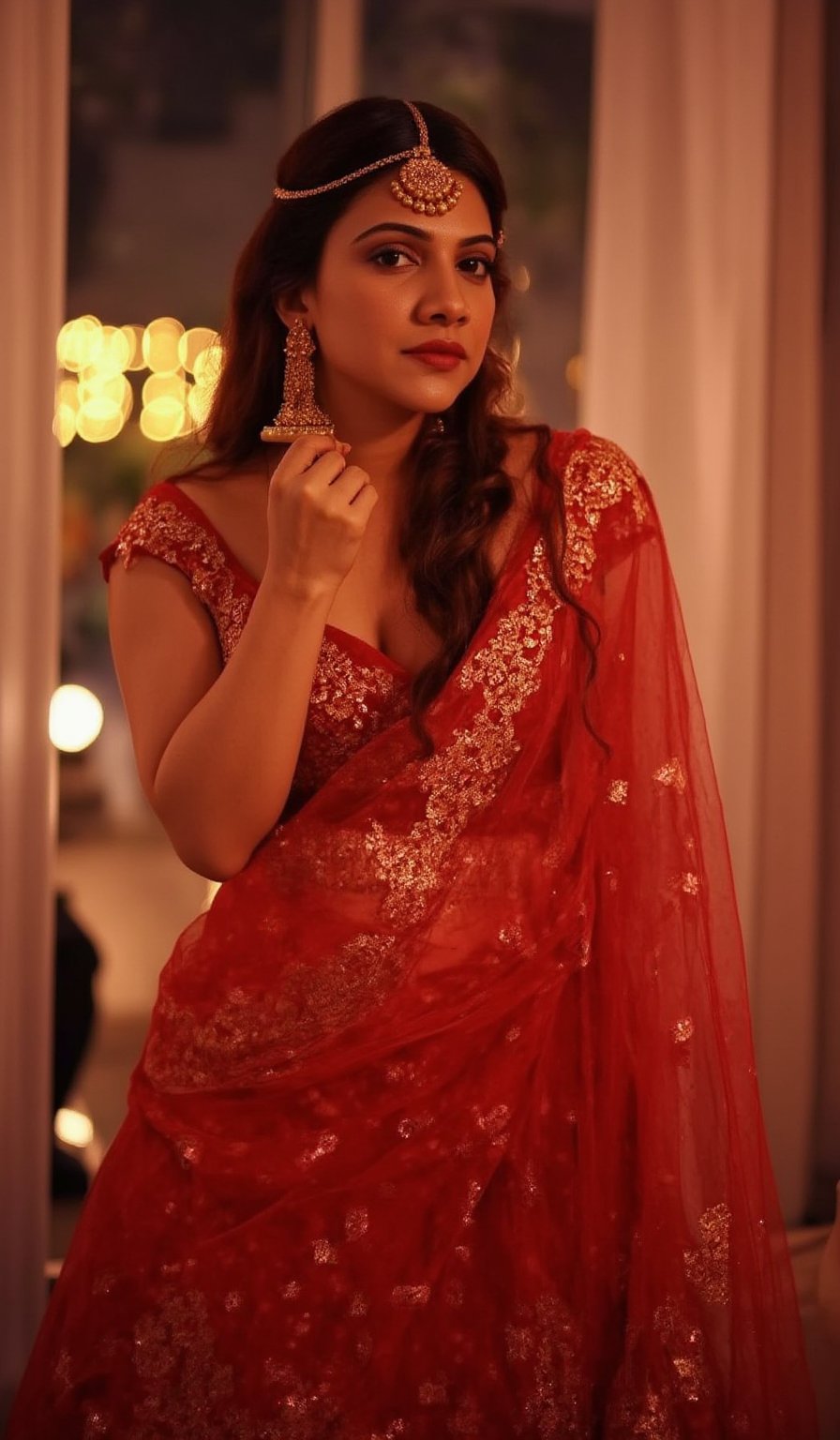 A stunning Madona Sebastian, dressed in a rich red lehenga with intricate embroidery, paired with heavy gold jewelry and a statement bindi on her forehead. Her long hair falls elegantly down her back as she strikes a confident pose, one hand resting on her hip and the other holding a delicate gold earring. The soft lighting highlights her natural complexion, while her eyes are enhanced by smoky eyeliner and volumizing mascara. She stands against a luxurious Bollywood-style backdrop, with subtle neon accents to emphasize her glamorous attire.