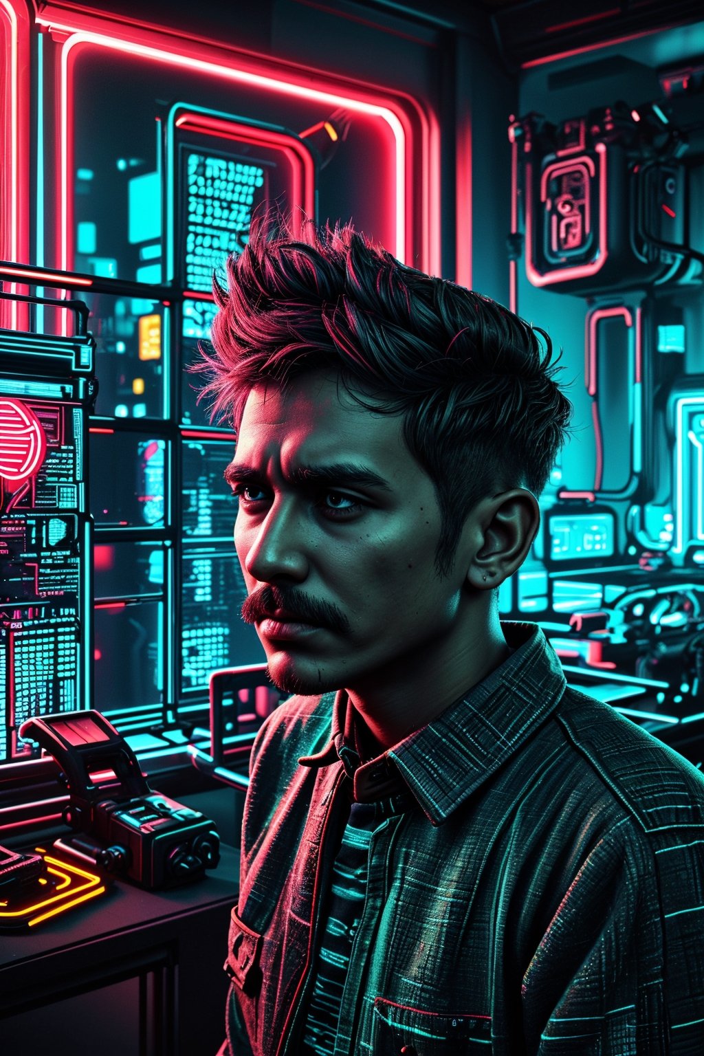 Cyberpunk city, neon background, details, solo, looking at viewer, shirt, black hair, 1boy, jewelry, male focus, collared shirt, indoors, plaid, buttons, facial hair, blue shirt, curtains, realistic, mustache, plaid shirt,CyberpunkWorld