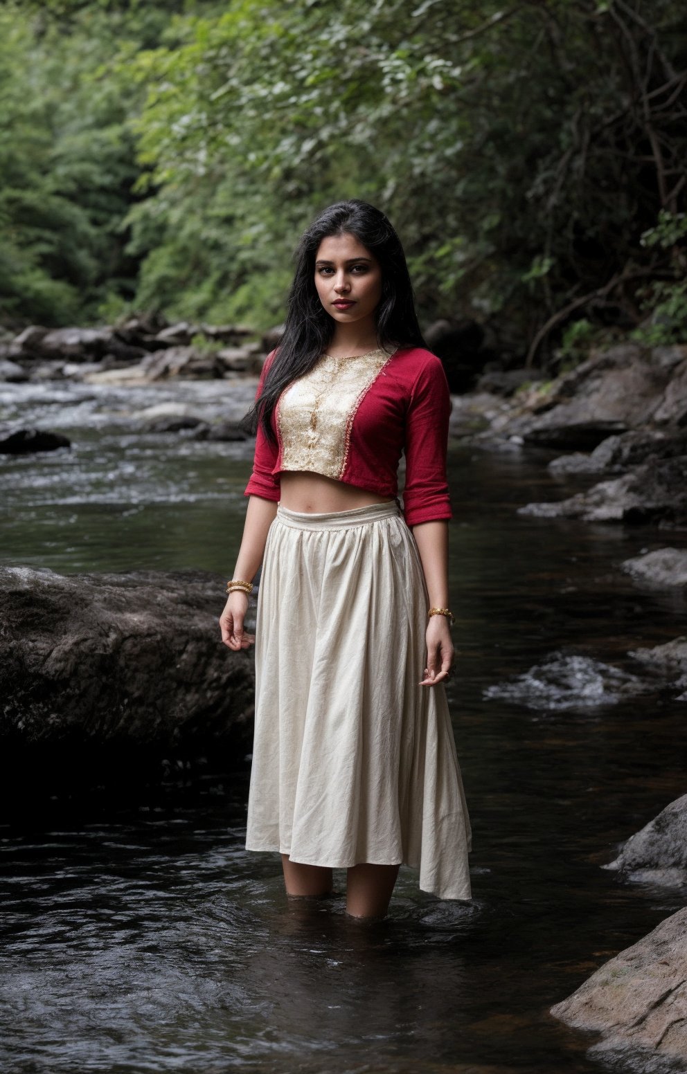 Half body under water, The task is to annotate the image by identifying and describing its content using natural language. The image contains a woman standing in a natural setting, which includes a stream and rocks. She is dressed in traditional attire with a red blouse and a white skirt, adorned with gold detailing. Her pose and the serene environment suggest a connection with nature and possibly a cultural or personal significance to the attire and setting. 