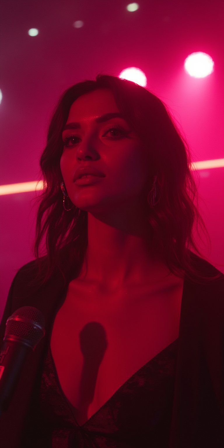 cinematic, A woman stands in front of a microphone under soft, warm lighting, with a reflective backdrop of pink lights behind her. Her expression is calm and introspective, creating a quiet and intimate atmosphere, as if she’s performing or about to speak, film grain, Short telephoto focal length, shot on ALEXA 65