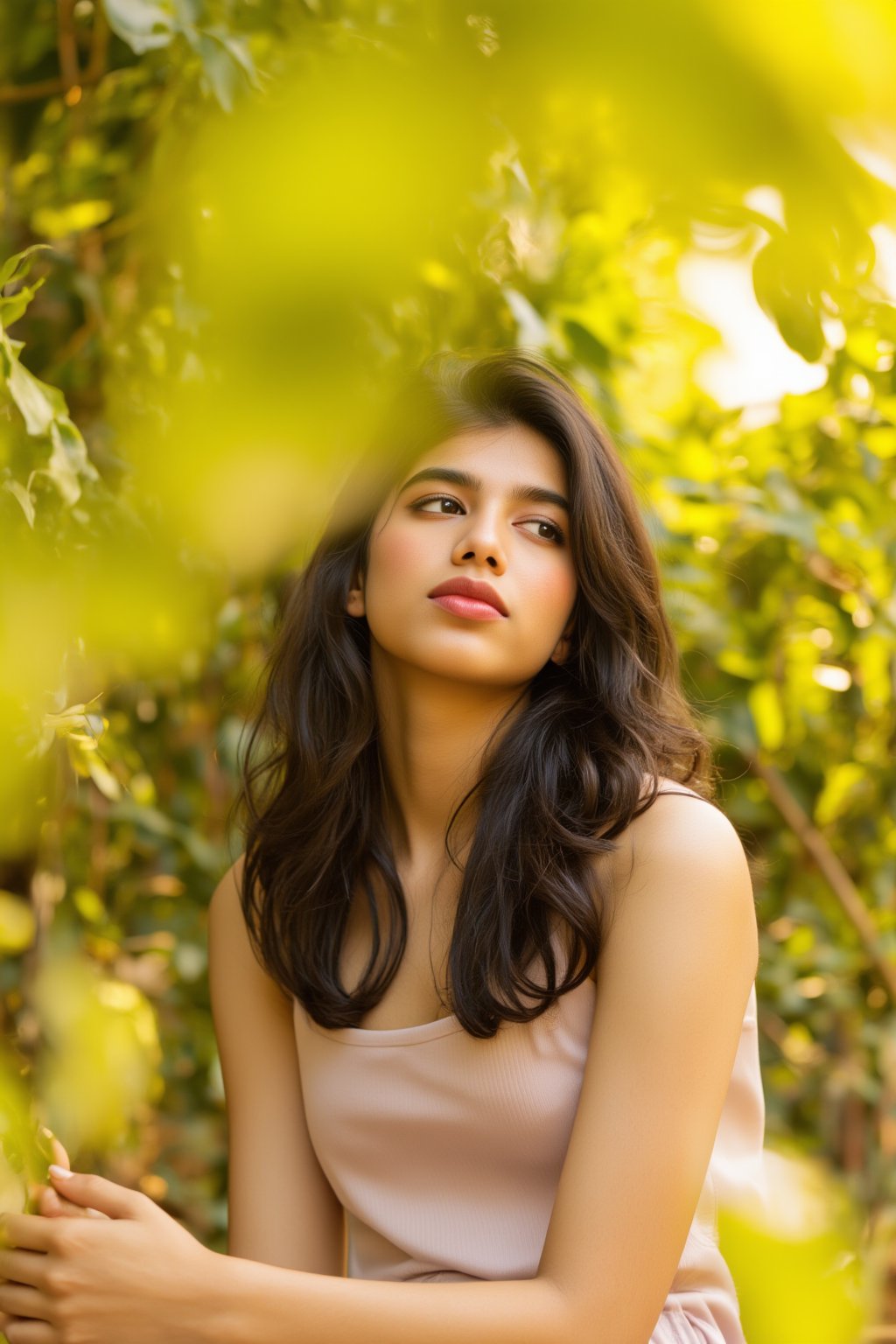 A stunning portrait of Kalyani Priyadarshan, framed by a warm golden light. She sits serenely in a lush greenery-filled setting, her long hair cascading down her back like a gentle waterfall. Her eyes sparkle with quiet confidence as she gazes softly into the distance.,Sahana15 