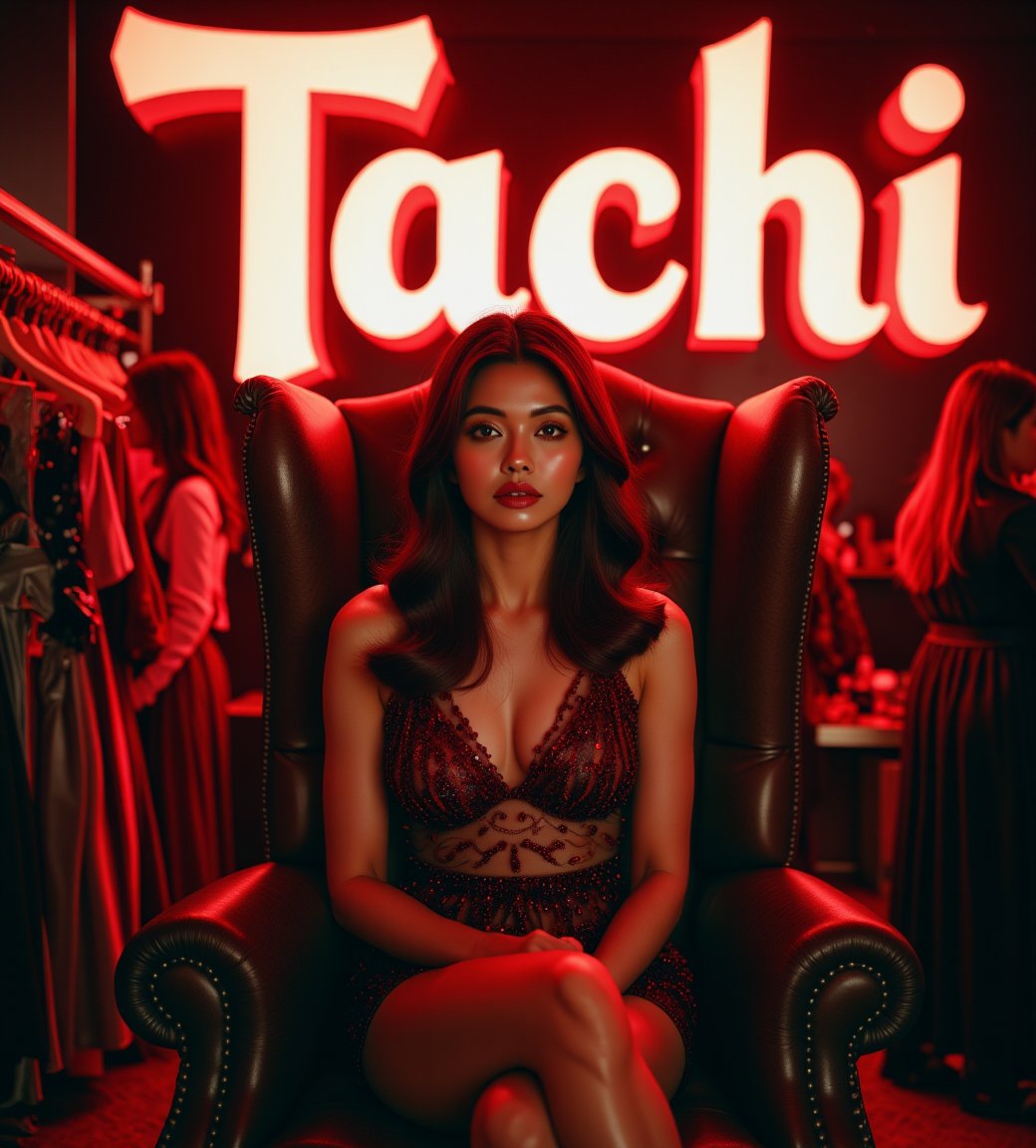 create me something beautiful, sexy, A beautiful woman, dressed in high fashion, sits on a throne in a luxurious boutique shop, surrounded by perfect cinematic lighting. Behind her, the shop's name "Tachi" is displayed in oversized glowing letters, commanding attention. Girls in the background casually explore the dresses on display. The scene highlights both the elegance of the boutique and the glowing, bold shop name.,Enhanced all