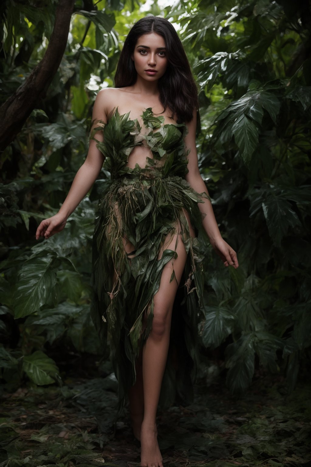 A majestic young woman emerges from the verdant foliage, adorned entirely in a stunning ensemble crafted from delicate Plantain leaves. Red yellow brown colour leafs, Her slender figure is enveloped by a flowing, ethereal gown constructed from thousands of intricately arranged leaves, their gentle curves and soft sheen creating a mesmerizing effect.

The leafy fabric drapes effortlessly around her lithe physique, the subtle rustling of each leaf underscoring the gentle movement of her body as she moves. Her private areas are discreetly concealed by a delicate leafy barrier, its edges carefully positioned to maintain modesty while still showcasing the natural beauty of the surrounding foliage.

The soft, golden light of the sun filters through the leafy canopy above, casting dappled shadows across her skin and illuminating the intricate patterns of the Plantain leaves. A sprinkling of dew-kissed droplets glistens on the leaves, imbuing the overall scene with a serene, idyllic quality.

As she stands within this natural setting, the young woman's presence seems almost an extension of the surrounding vegetation, as if she has been organically grown from the very earth itself. The Plantain leaf costume appears not only beautiful but also eerily lifelike, blurring the lines between her and the natural world around her.,Blossom lady 