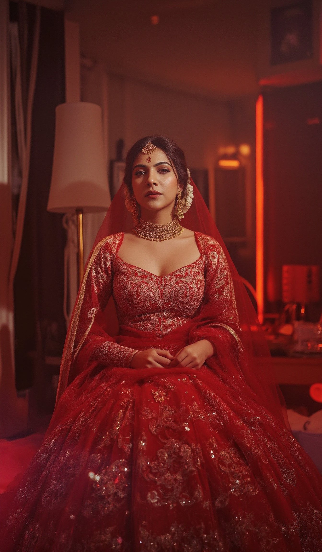 Cool cinematic lighting, matrix movie theam,A stunning Madona Sebastian, dressed in a rich red lehenga with intricate embroidery, paired with heavy gold jewelry She stands against a luxurious Hollywood-style backdrop, with subtle neon accents to emphasize her glamorous attire.,Madona Sebastian 