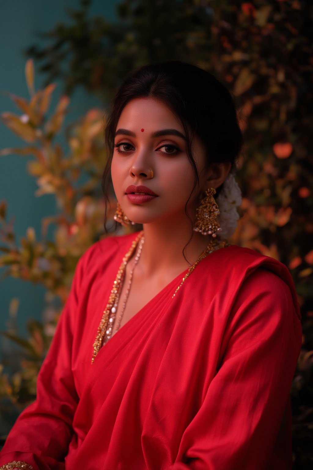 Raw photo of (18yo Kerala Beautiful young woman:1.1, (best quality, highres, ultra-detailed:1.2), This breathtaking photograph, shot on a Canon 1DX with a 50 mm f/2.8 lens, beautifully showcases the raw and authentic beauty of life. high resolution 8k image quality, vibrant colors, glowing dimond, glowing eyes, realistic Raw photo, realistic lighting, traditional Red saree,  exotic beauty, mesmerizing eyes, girl ,Thrissur,Mallu,Saree