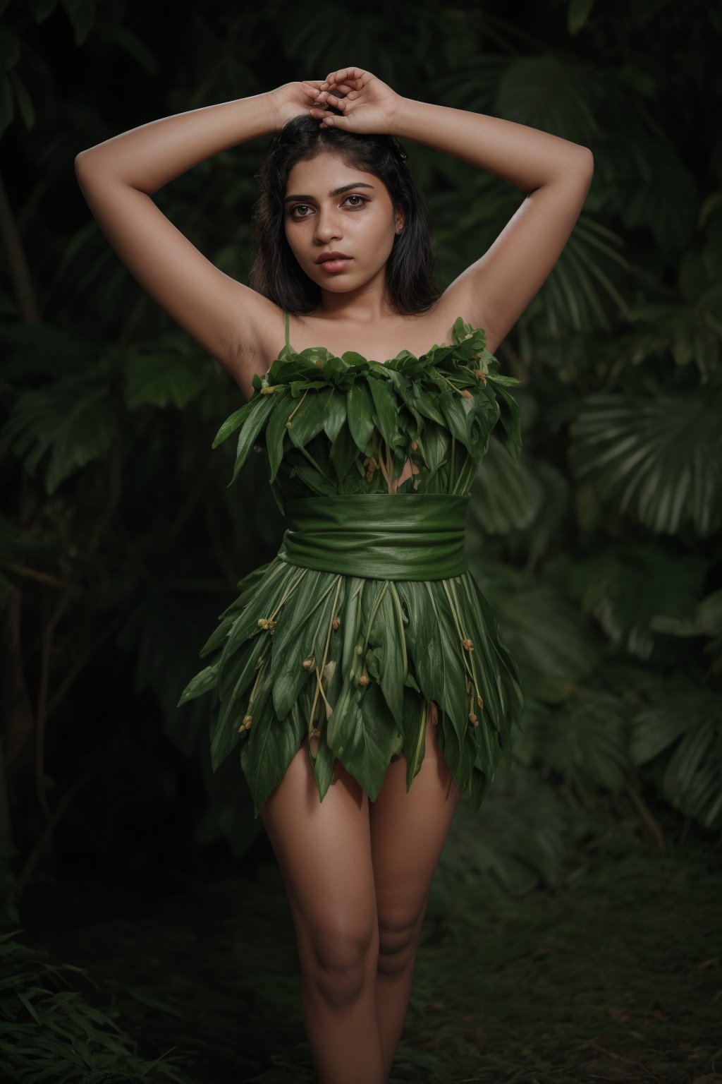 Create a costume with Plantain leaf only leaf no real dress, a beautiful young women in nature dress, real leaf, a girl covered her private parts with Plantain leaf 