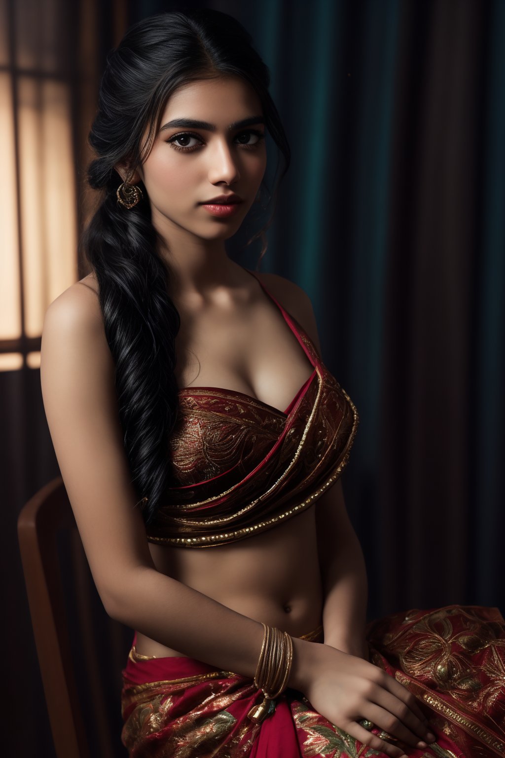 A beautiful Indian woman wearing a traditional saree, draped in a style that reveals her midriff and navel. The saree is richly colored and adorned with intricate patterns and embroidery, with a matching blouse (choli) that has short sleeves and a deep neckline. The pallu of the saree is gracefully draped over her shoulder, falling softly to one side, while her navel is tastefully visible where the saree is wrapped around her waist. She is adorned with traditional jewelry, including a maang tikka, jhumka earrings, a nose ring, bangles, and anklets. Her skin has a warm tone, and her long, dark hair is styled either in a loose braid or cascading waves. The setting is softly lit, focusing on her elegant pose and the cultural richness of her attire, with warm, natural lighting that enhances the details of the fabric and her jewelry.

cinematic angle, (cinematic shadows, bokeh, depth of field:1.3) , (High detail RAW Photo), (extremely detailed skin, photorealistic, heavy shadow, dramatic and cinematic lighting, key light, fill light), sharp focus, cinematic, imperfect skin, fabrics, textures, detailed face, detailed skin, detailed fingers, NaturalHand2-3500, analog film photo Deep photo,depth of field,ferrania p30 film,shadows, perfect face and body, dimly lit, nervous, harsh camera flash, faded film, desaturated, 35mm photo, grainy, Kodachrome, Lomography, stained, highly detailed, found footage,, (black hair,
A flapper girl stands poised in a smokey atmosphere, bathed in ethereal light that accentuates her stunning features. Her fair skin glows under cinematic lighting, as she gazes directly into the camera with perfect eyes and a beautiful nose. Her Drill Spring-inspired hairstyle is perfectly coiffed, framing her face, background intricate details and complex patterns that seem to leap off the screen in hyper-maximalist fashion.  with detailed decoration and lines that exude opulence. In stunning HDR and UHD, this unreal engine creation pops with gorgeous light and shadow., matrix,poakl