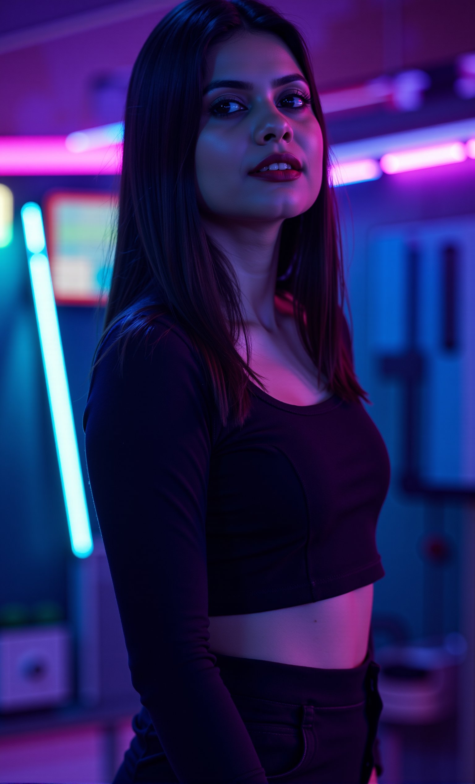 A cyberpunk women, realistic, details and enhanced image, beautiful,The atmosphere is fun and inviting, featuring colors like black, blue, dark blue, dark purple, gray, light green, purple, and orange. Neon lights in pink, blue, and green illuminate the space, creating a bokeh and Depth of Fieldeffect. The focus is on the girl from the torso to the head, captured in a cinematic style with a Sony A7R IV full-frame camera,AnushkaShettyFlux