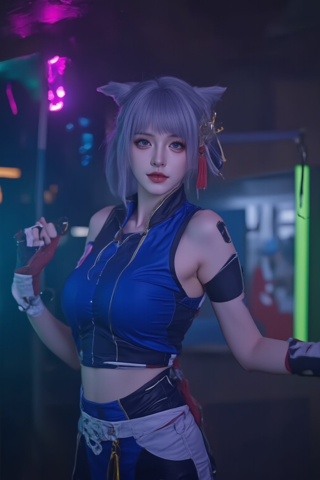 a woman dressed in a blue and white costume, adorned with a white belt and red gloves. The woman's head is adorned with two large ears, a red tassel, and a gold ring. Her eyes are a piercing blue, and her hair is a light gray.  a building in the distance.

A cinematic action scene shot surrounded by a dimly lit atmosphere with neon hues. Black, dark blue, and gray tones dominate the scene, punctuated by pops of light green, purple, and orange. Her skin glistens with subtle detail and enhancement. The Sony A7R IV camera captures the scene in cinematic style, emphasizing depth and bokeh effects from the pink, blue, and green neon lights.,Futuristic cosplay,Enhanced all