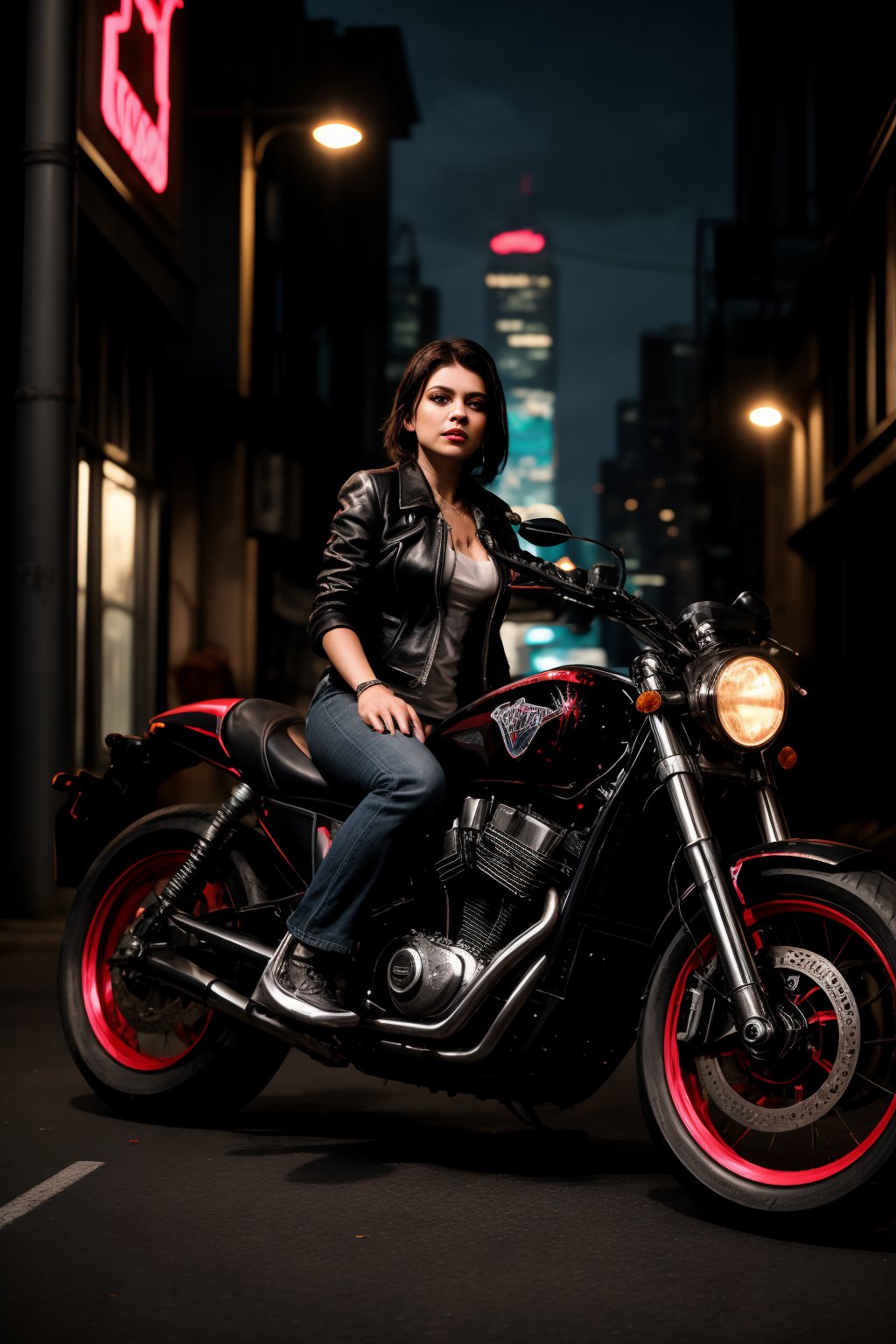 A sleek, neon-lit cityscape at dusk, with towering skyscrapers and holographic advertisements flickering like fireflies. A stunning, raven-haired woman in her prime, sporting a bold leather jacket and ripped jeans, sits astride a retro-futuristic motorcycle, inspired by Tron Legacy's iconic designs. The bike's neon pipes glow like an extension of her fiery spirit as she revs the engine, ready to take on the dark alleys of this gritty cyberpunk metropolis.